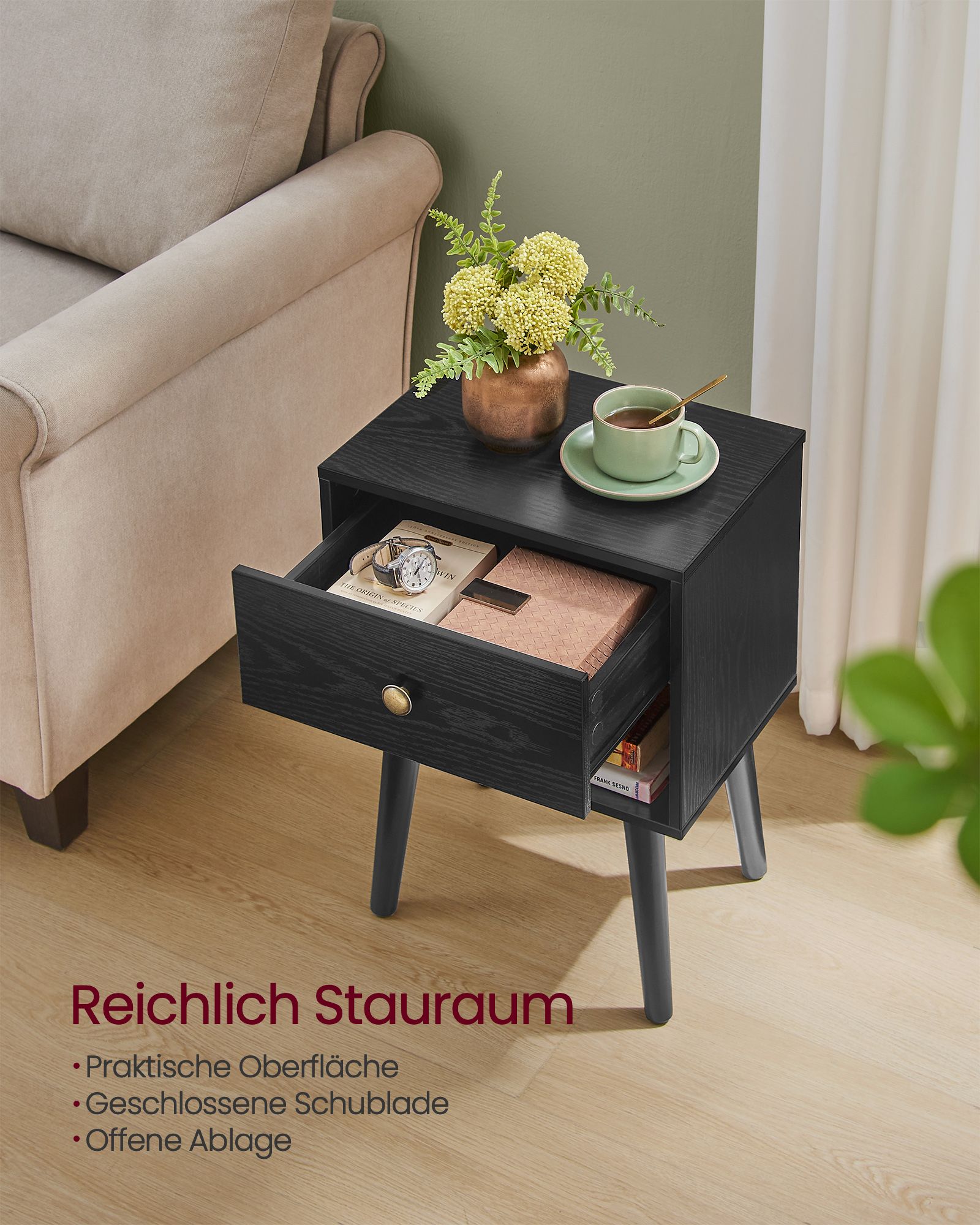 Bedside table with drawer and open shelf ebony black - Image 3