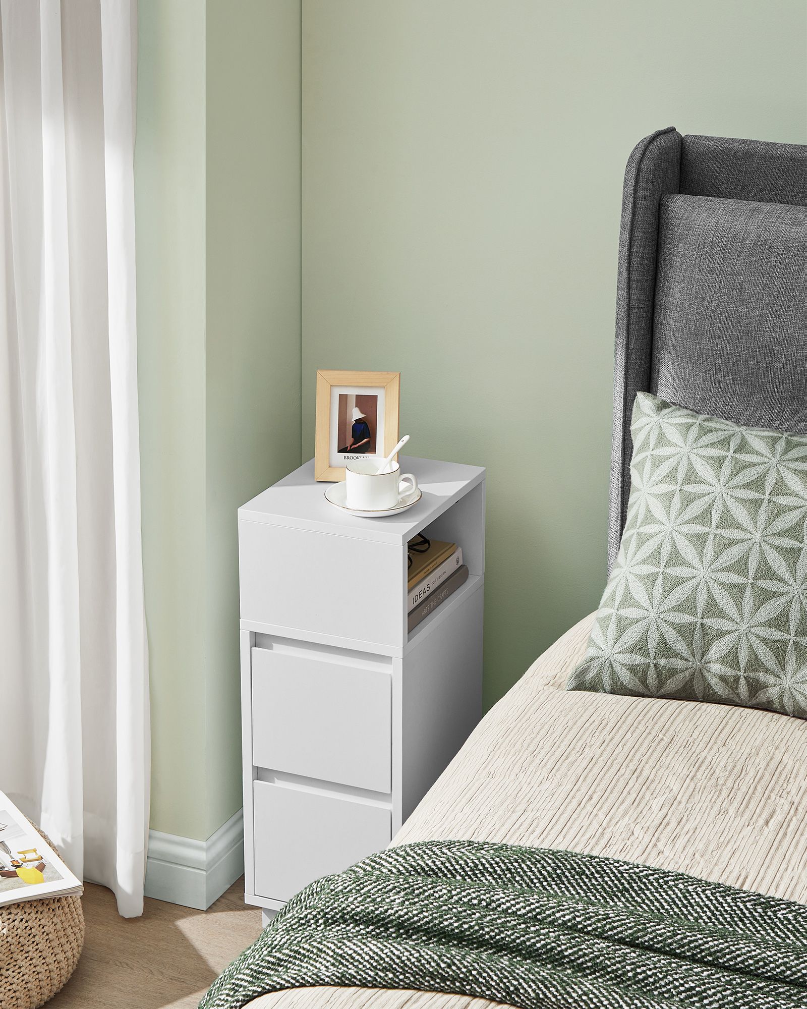 Bedside Table Slim Side Table with 2 Drawers Open Compartment Left or Right Flexible Mountable Bedroom Living Room Cloud White LET656W01 - Image 2