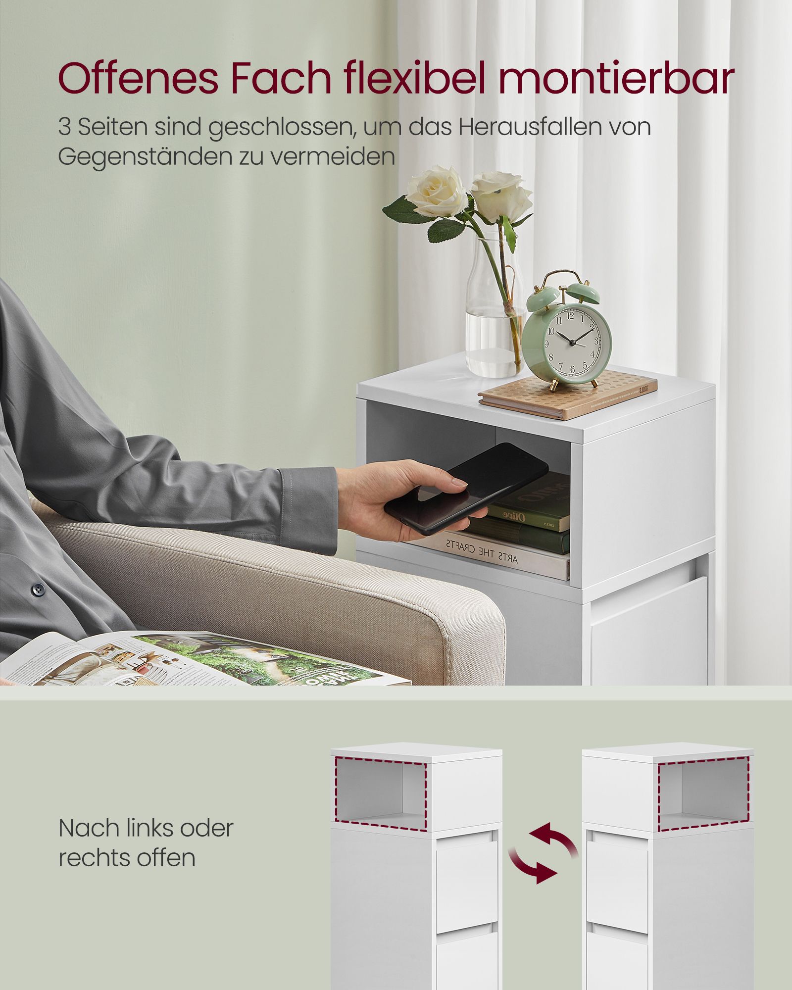 Bedside Table Slim Side Table with 2 Drawers Open Compartment Left or Right Flexible Mountable Bedroom Living Room Cloud White LET656W01 - Image 3