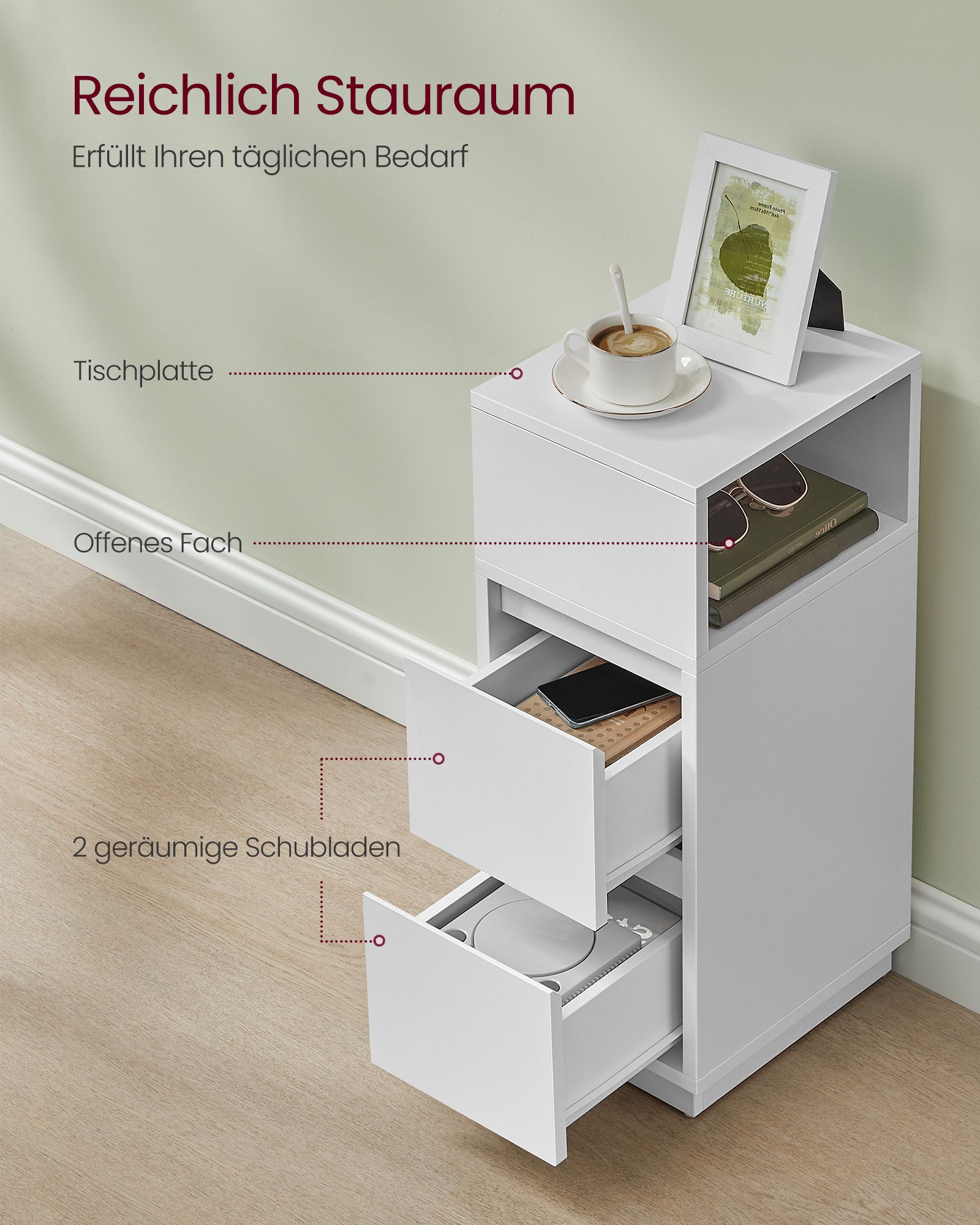 Bedside Table Slim Side Table with 2 Drawers Open Compartment Left or Right Flexible Mountable Bedroom Living Room Cloud White LET656W01 - Image 4