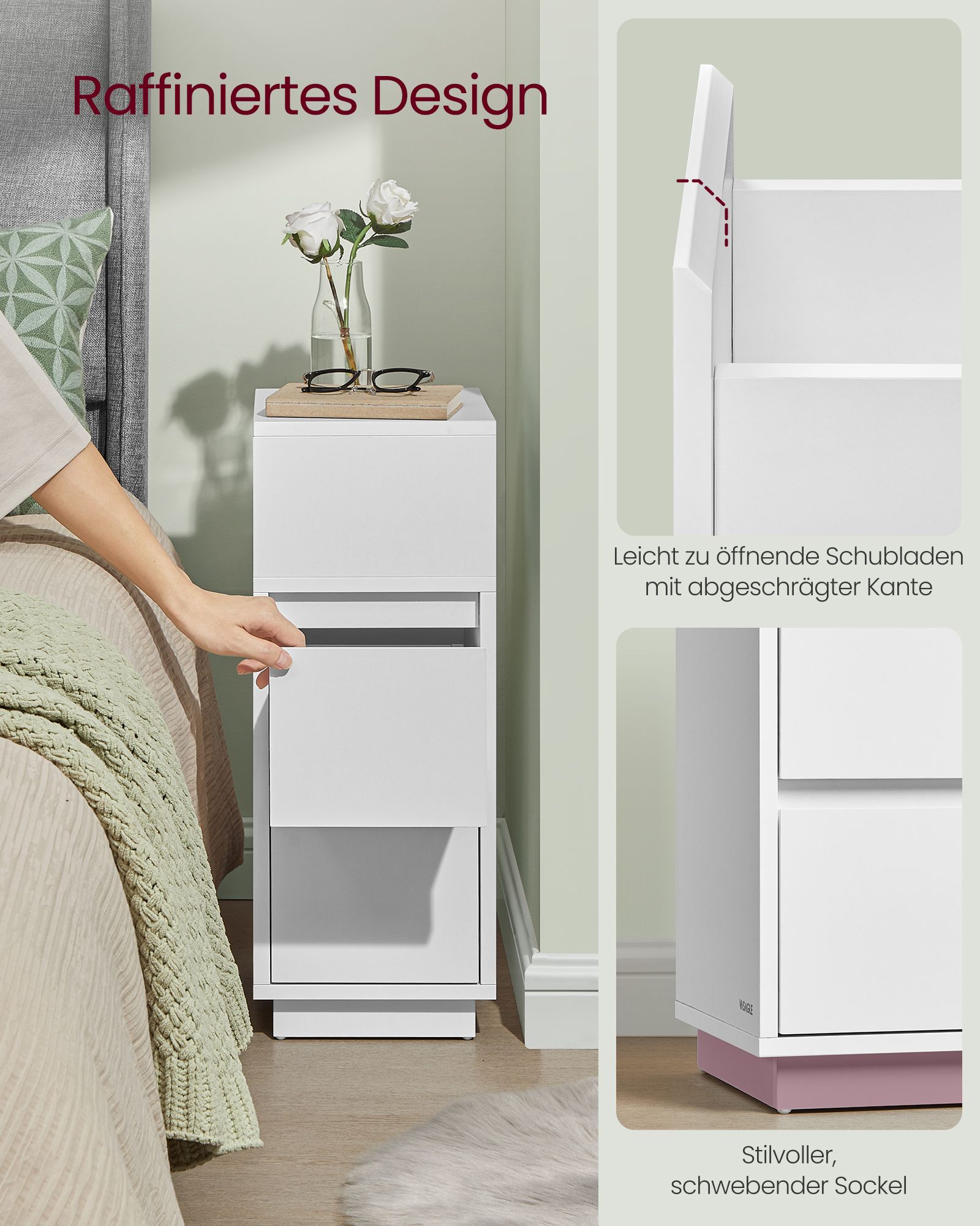Bedside Table Slim Side Table with 2 Drawers Open Compartment Left or Right Flexible Mountable Bedroom Living Room Cloud White LET656W01 - Image 5
