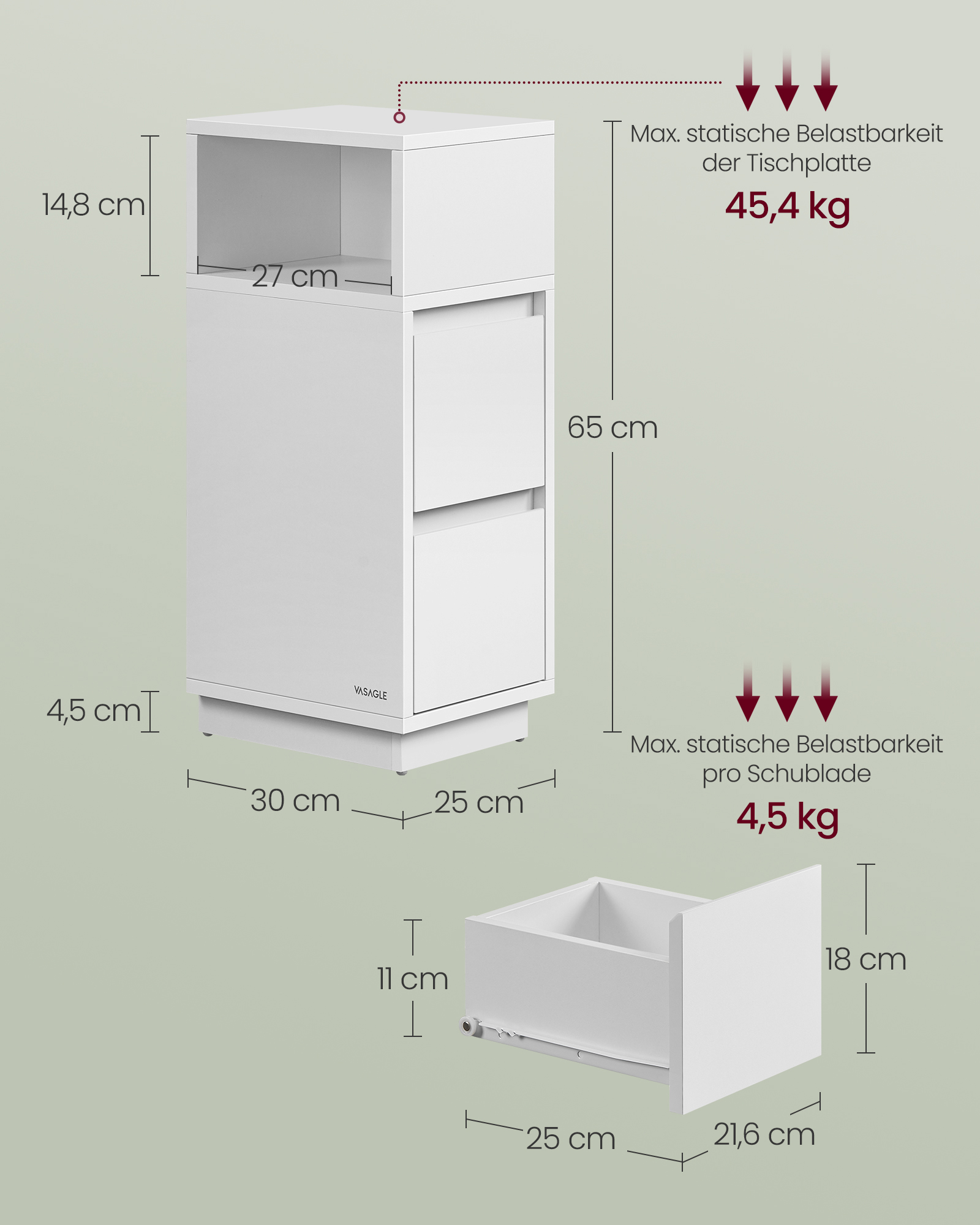Bedside Table Slim Side Table with 2 Drawers Open Compartment Left or Right Flexible Mountable Bedroom Living Room Cloud White LET656W01 - Image 6