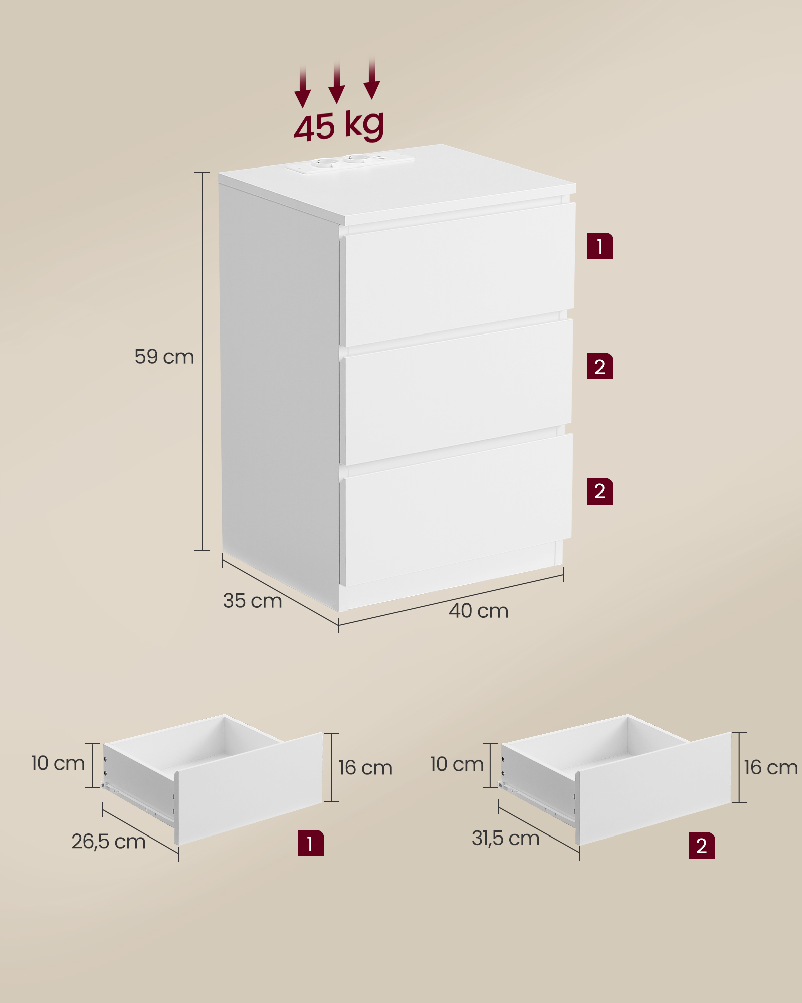 LET831W14 Sæt med 2 sengeborde, sideborde, 3 skuffer, skrå kant, 2 AC-stik, 2 USB-stik, stue, soveværelse, arbejdsværelse, moderne, skyhvid - Billede 6
