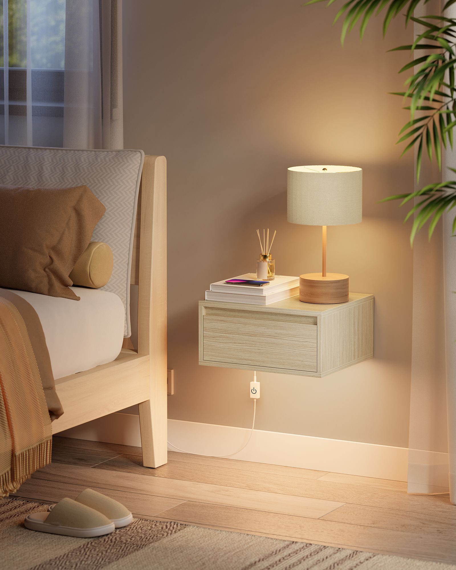 Hanging bedside table set of 2 with lights natural beige - Image 2