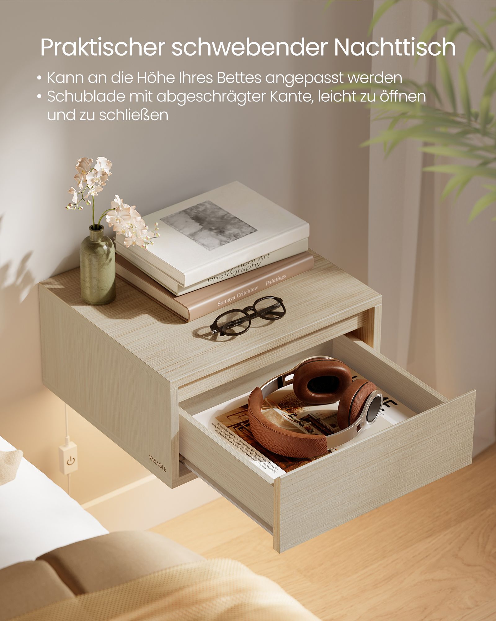 Hanging bedside table set of 2 with lights natural beige - Image 3