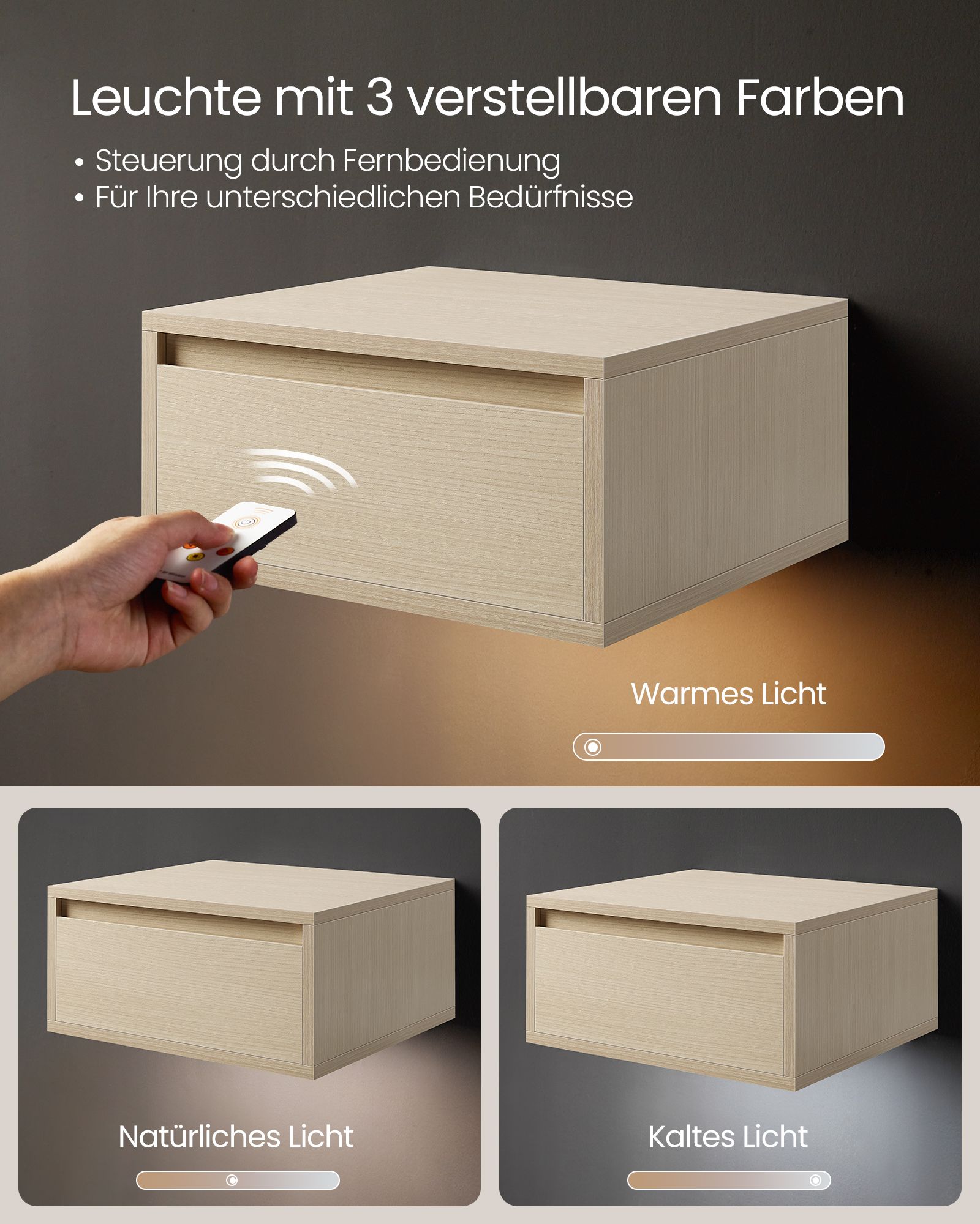 Hanging bedside table set of 2 with lights natural beige - Image 4