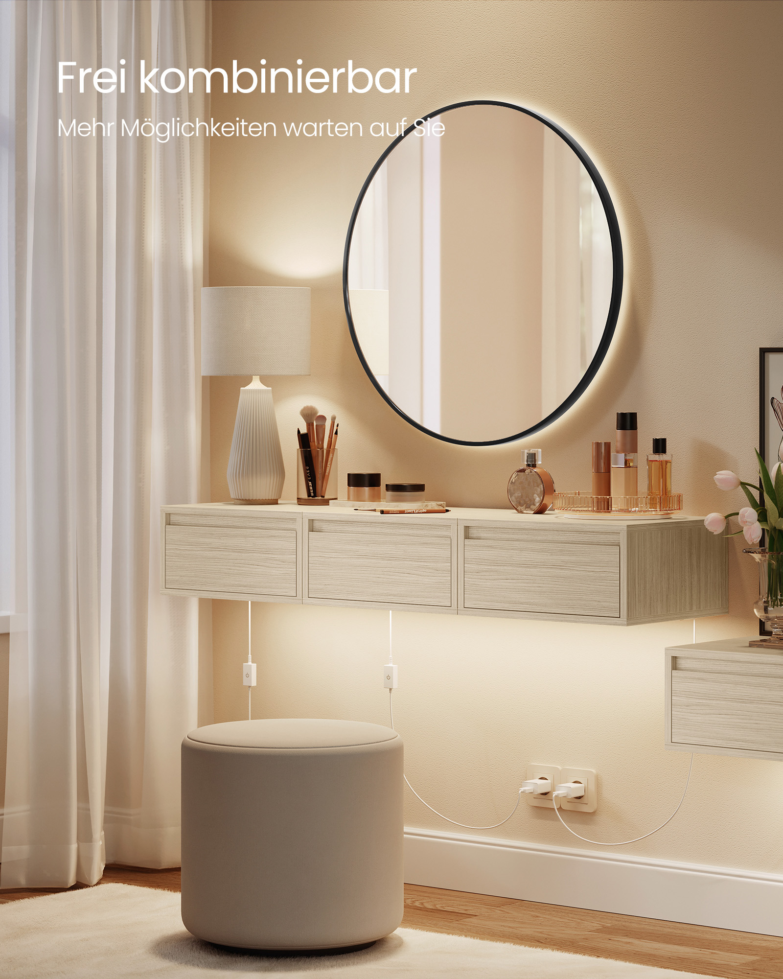Hanging bedside table set of 2 with lights natural beige - Image 5
