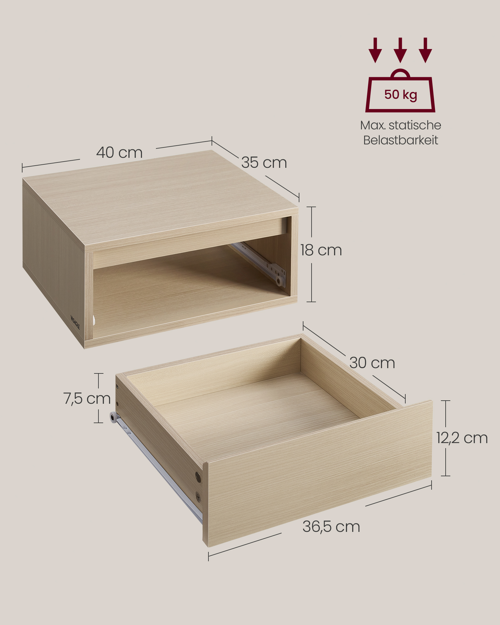 Hanging bedside table set of 2 with lights natural beige - Image 6