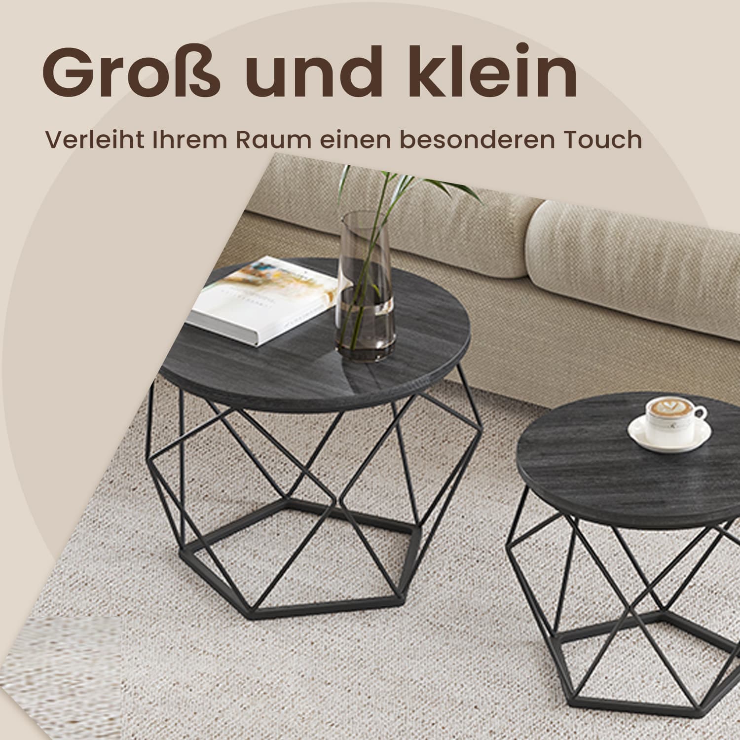 Round coffee table, set of 2, living room table