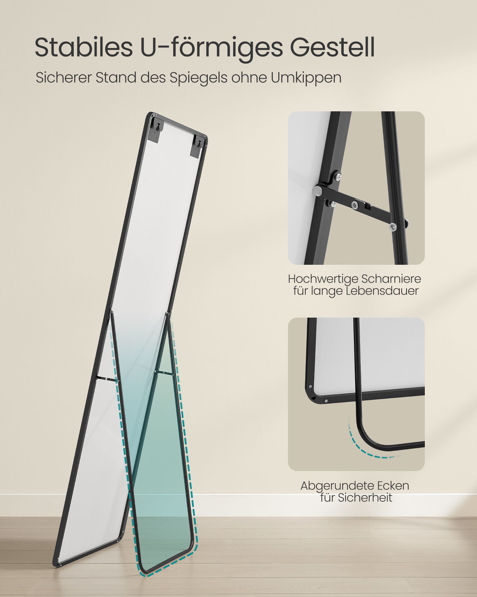 Speil i full lengde, 160 x 50 cm, rektangulært helkroppsspeil med stativ, gulvspeil med ramme i aluminiumslegering, herdet glass, til soverom, stue, garderobe, blekk svart LFM030B01 - Bilde 4