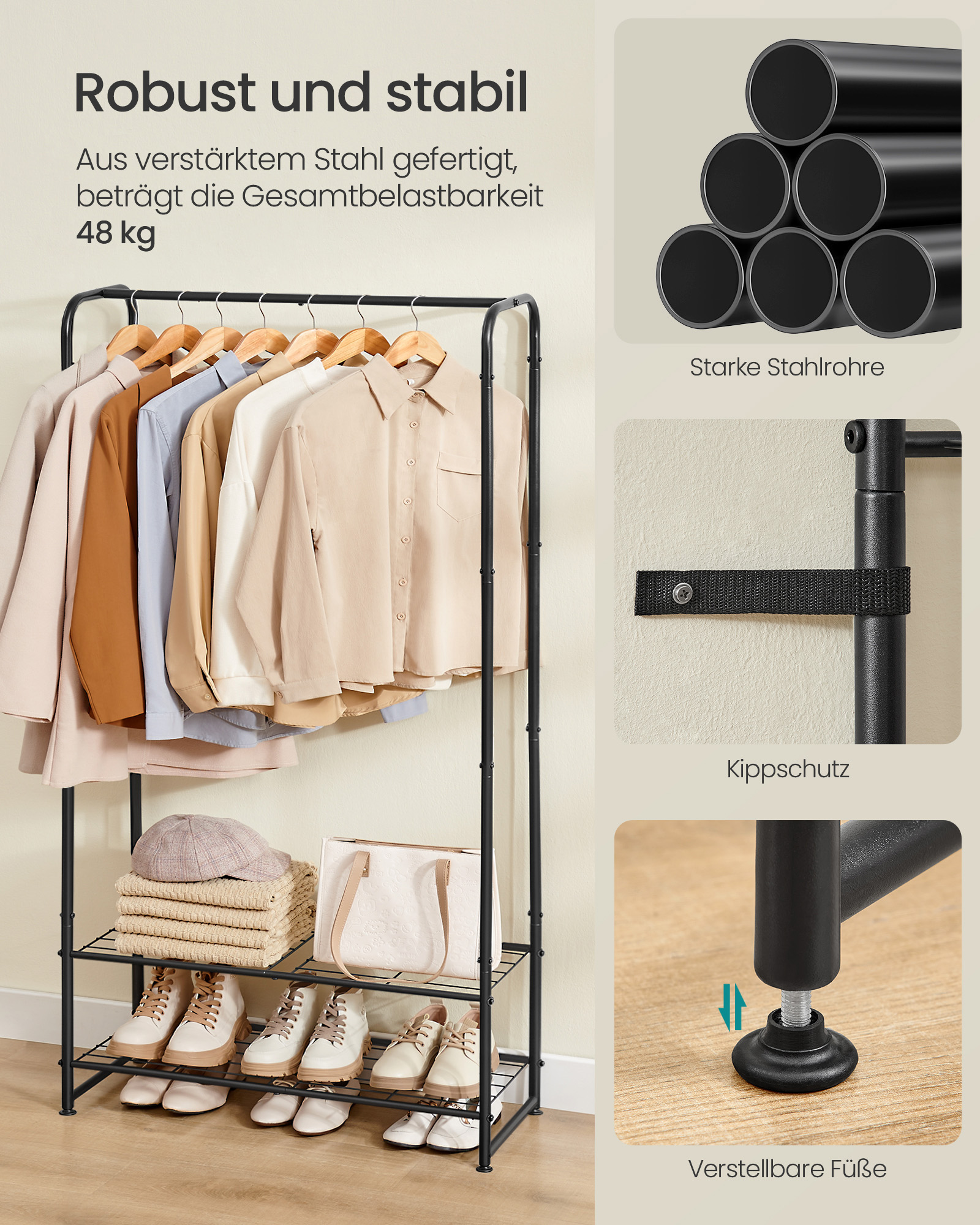 Tøjstativ med hylder 29 x 73 x 158,4 cm mat sort - Billede 4