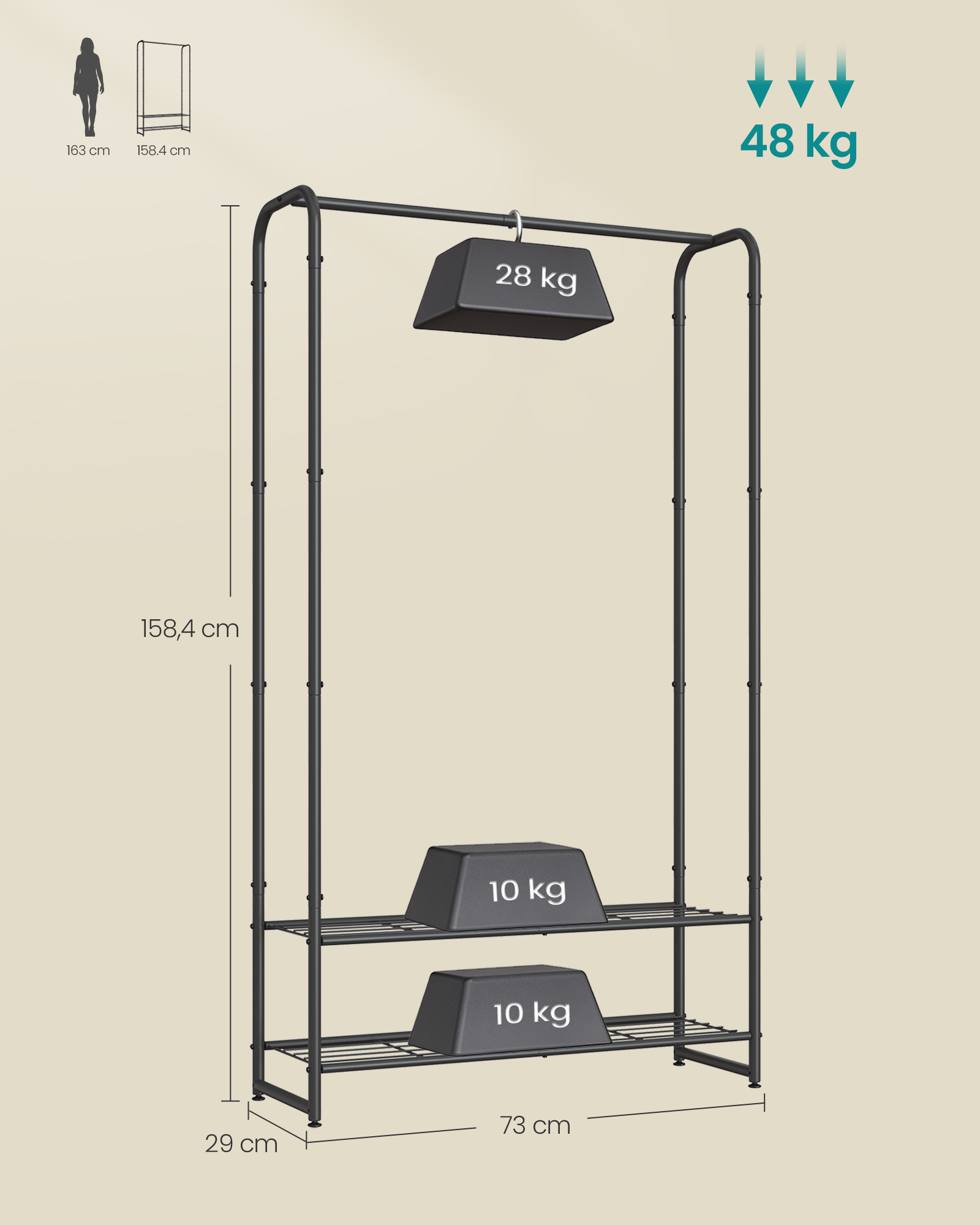 Tøjstativ med hylder 29 x 73 x 158,4 cm mat sort - Billede 5