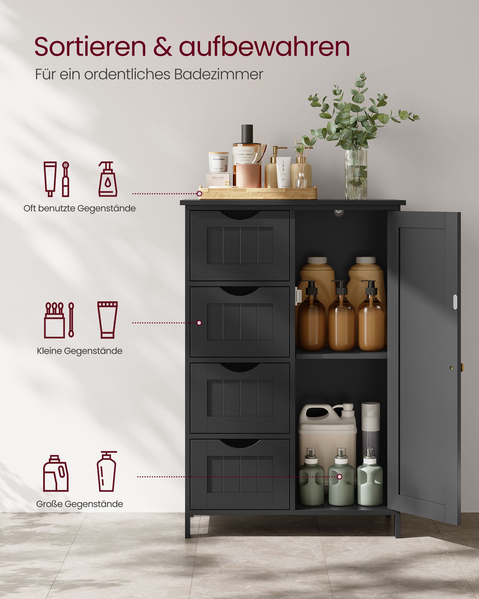 Badeværelsesskab 4 skuffer 30 x 55 x 82 cm blæk sort - Billede 3