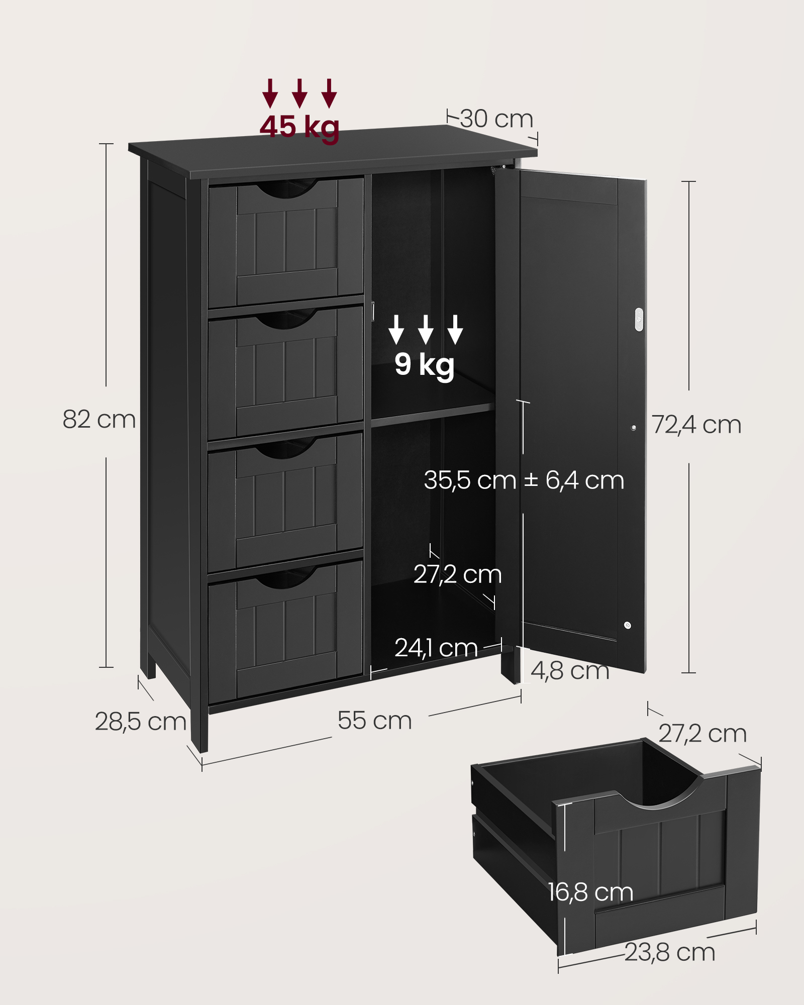 Badeværelsesskab 4 skuffer 30 x 55 x 82 cm blæk sort - Billede 6