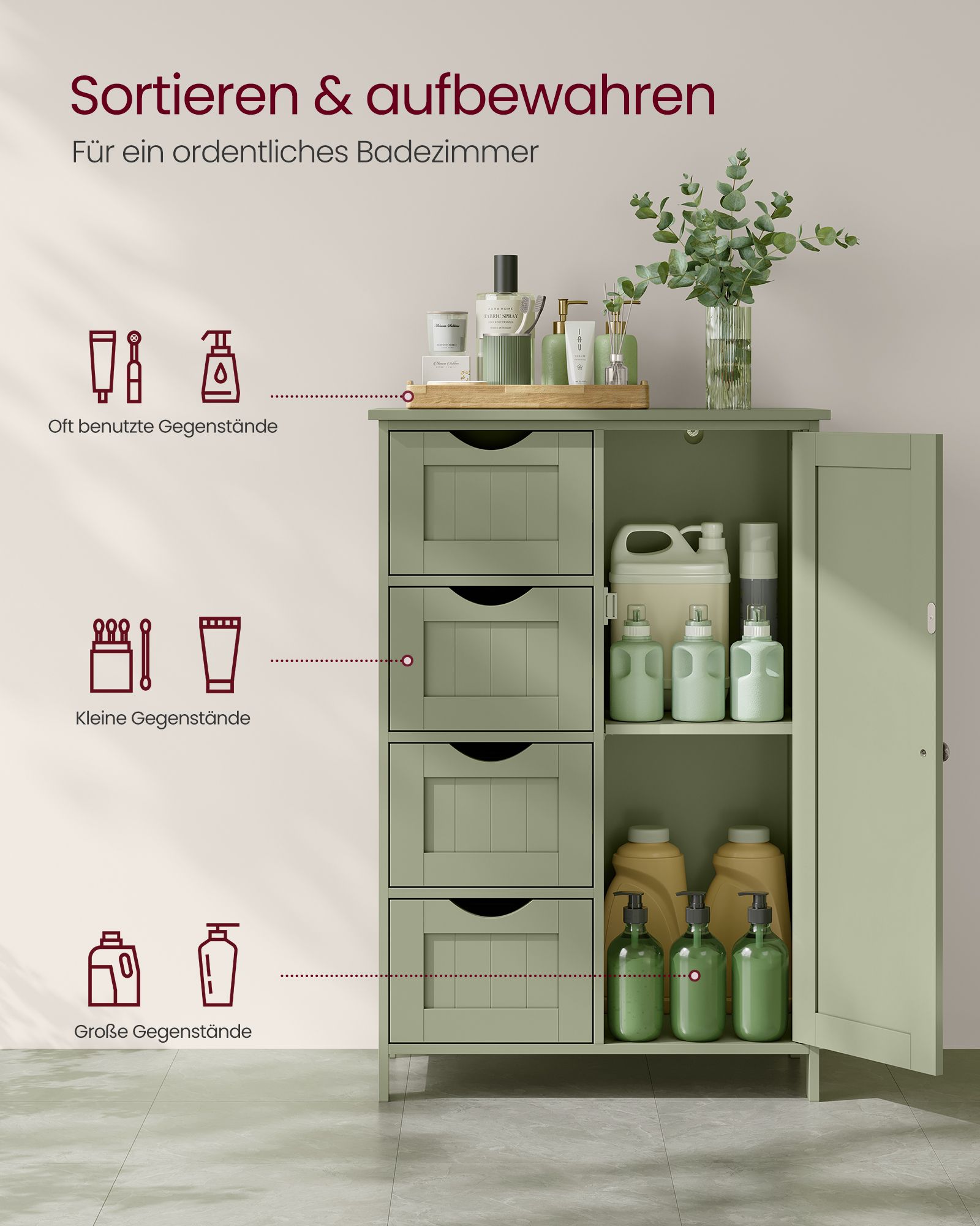 VASAGLE badrumsskåp med 4 lådor & skåplucka, 30 x 55 x 82 cm, skogsgrön - Bild 3