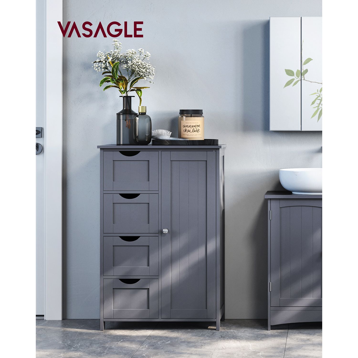 Opbevaringsskab på badeværelsesgulv, badeværelsesopbevaring med 4 skuffer, fritstående badeværelsesskab, med 1 dør, justerbar hylde, 30 x 55 x 82 cm, grå LHC41GY - Billede 2