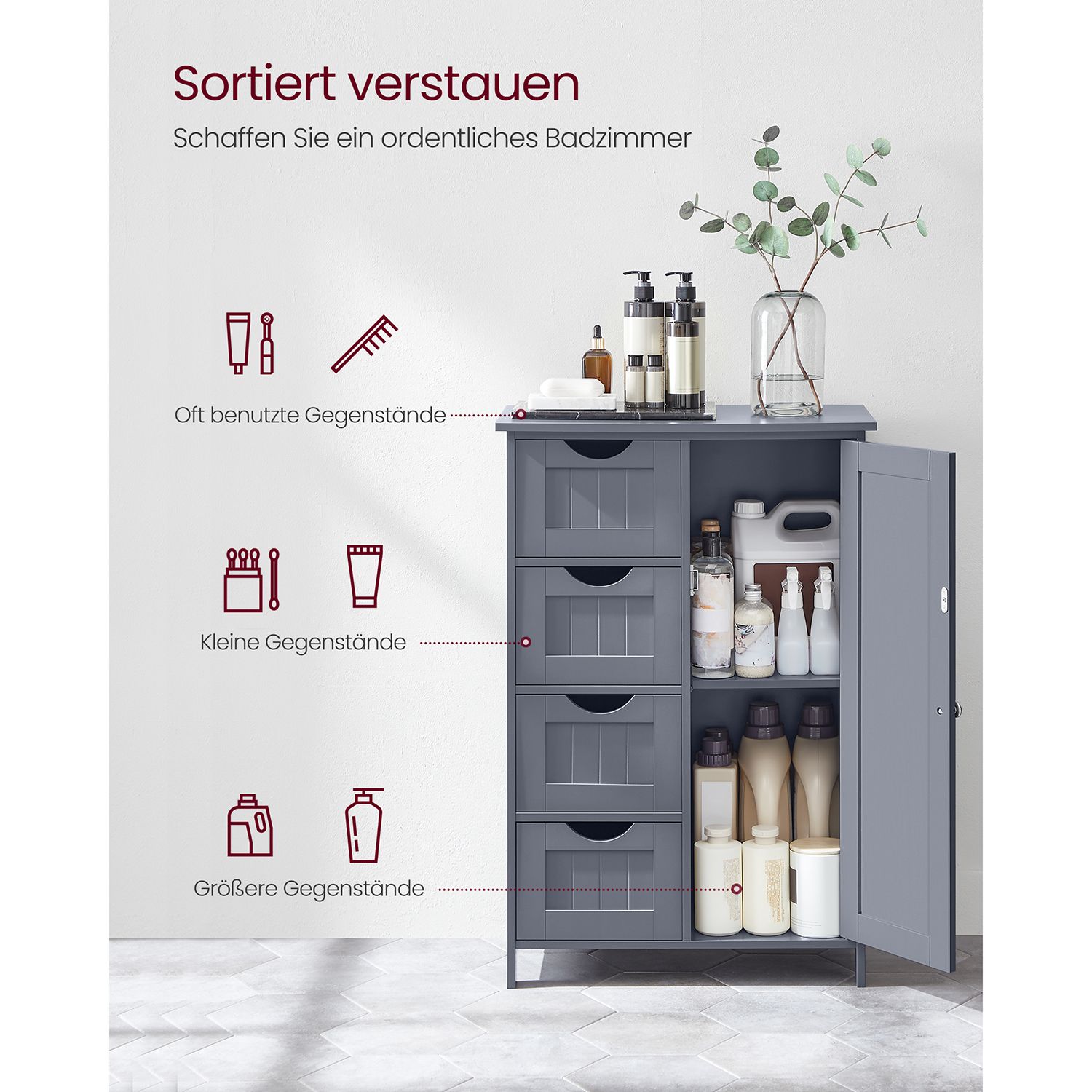 Opbevaringsskab på badeværelsesgulv, badeværelsesopbevaring med 4 skuffer, fritstående badeværelsesskab, med 1 dør, justerbar hylde, 30 x 55 x 82 cm, grå LHC41GY - Billede 5