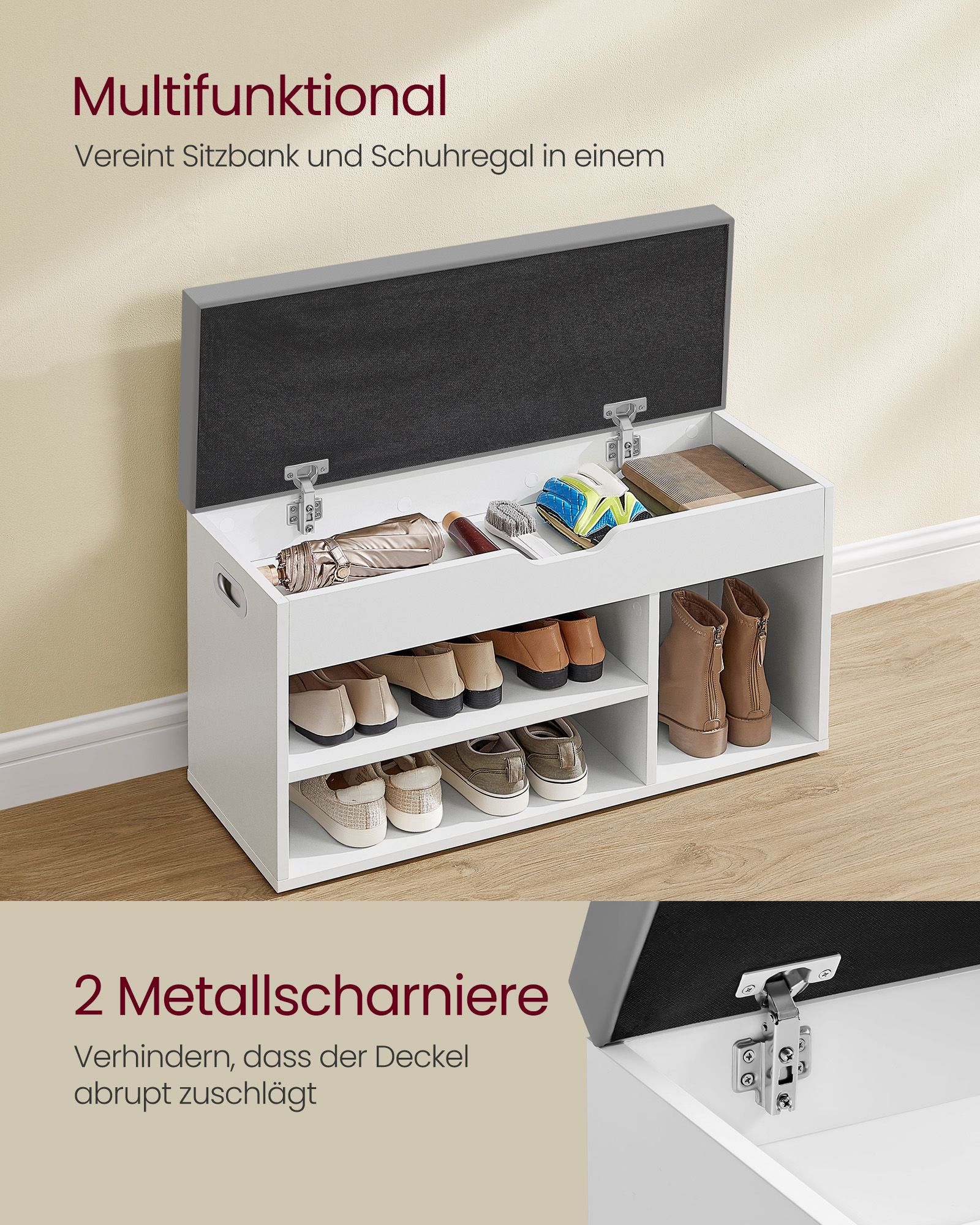 Shoe bench with 3 open compartments cloud white - Image 3