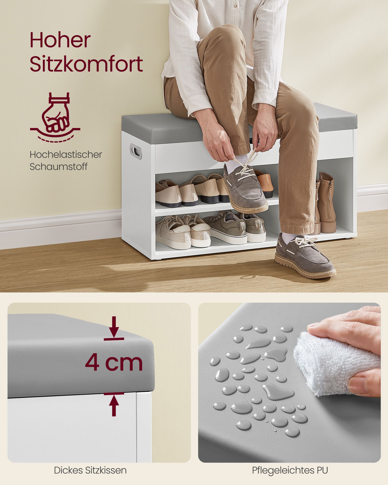 Shoe bench with 3 open compartments cloud white - Image 4