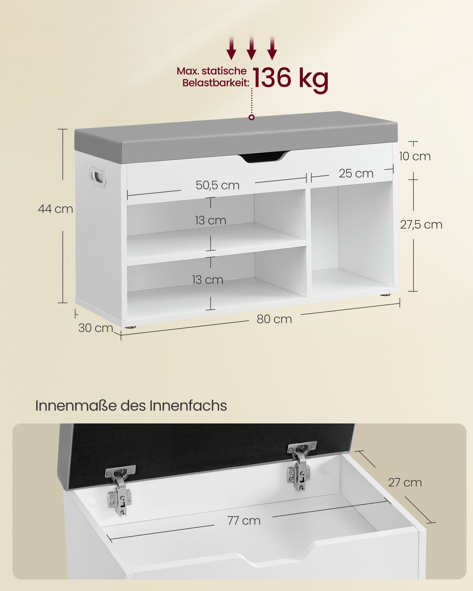 Shoe bench with 3 open compartments cloud white - Image 5