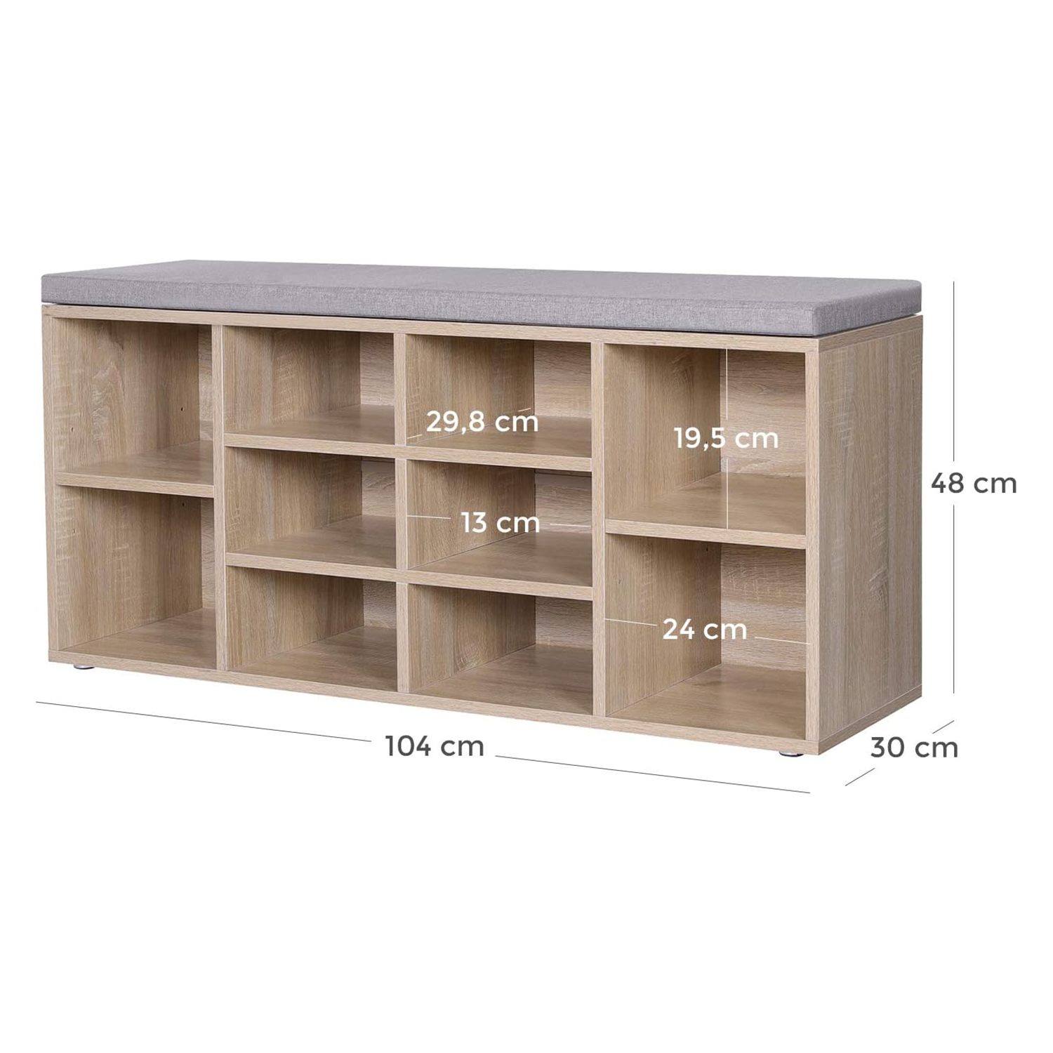 Skobenk, skohylle, oppbevaringsskap, 10 rom, med pute, for inngangsparti, 104 x 30 x 48 cm, eikefarge LHS10NL - Bilde 4