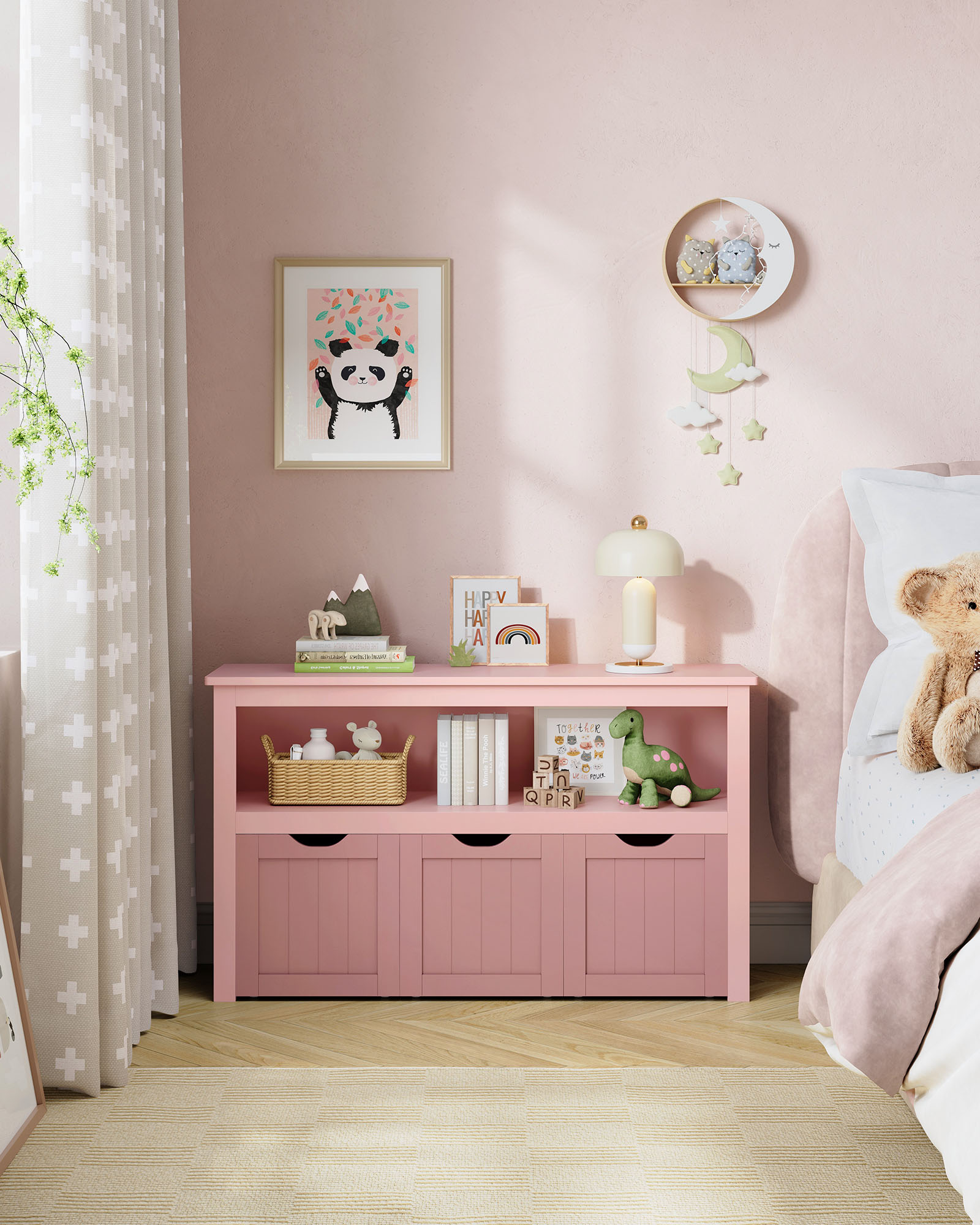 Toy Storage for Kids, Kids Storage Unit, Storage Cabinet with Wheels, 30 x 102 x 60 cm, Kids Bookcase, 3 Drawers, for Living Room, Children's Room, Playroom, Jelly Pink - Image 2