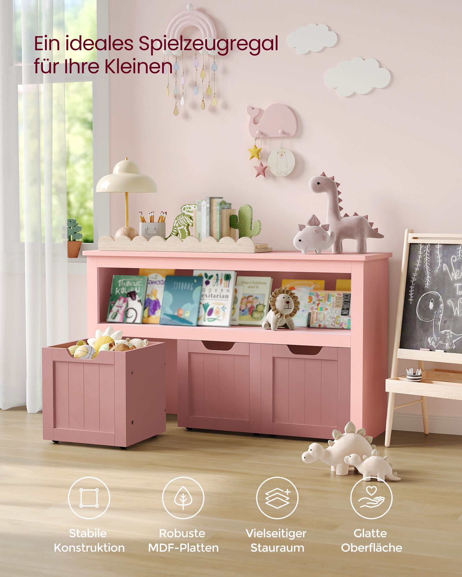 Toy Storage for Kids, Kids Storage Unit, Storage Cabinet with Wheels, 30 x 102 x 60 cm, Kids Bookcase, 3 Drawers, for Living Room, Children's Room, Playroom, Jelly Pink - Image 3