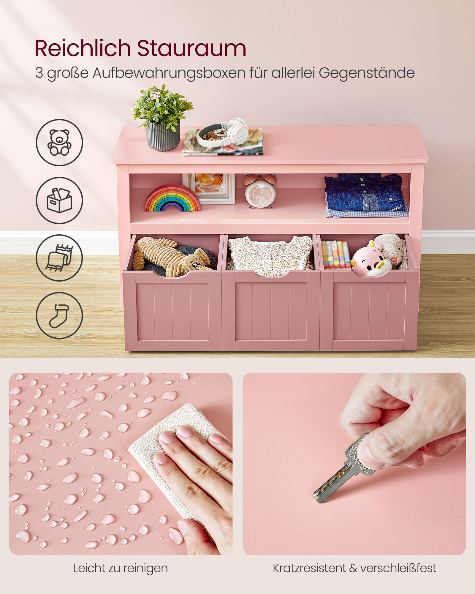 Toy Storage for Kids, Kids Storage Unit, Storage Cabinet with Wheels, 30 x 102 x 60 cm, Kids Bookcase, 3 Drawers, for Living Room, Children's Room, Playroom, Jelly Pink - Image 6