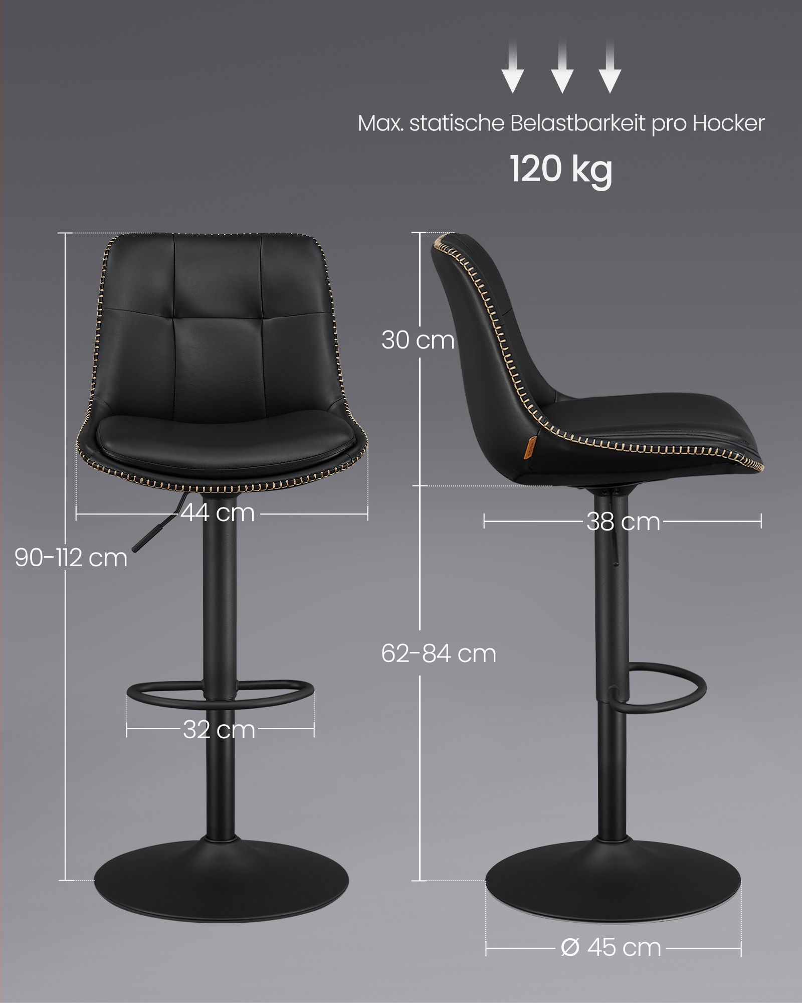 Bar stool set of 2 with backrest ink black - Image 6