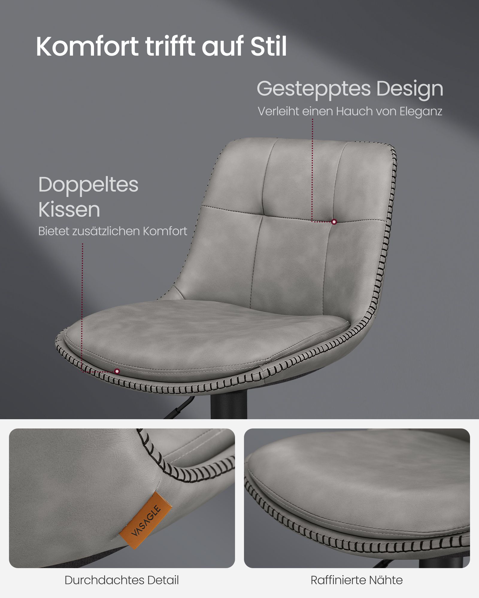 Bar stool set of 2 with footrest dove grey - Image 4