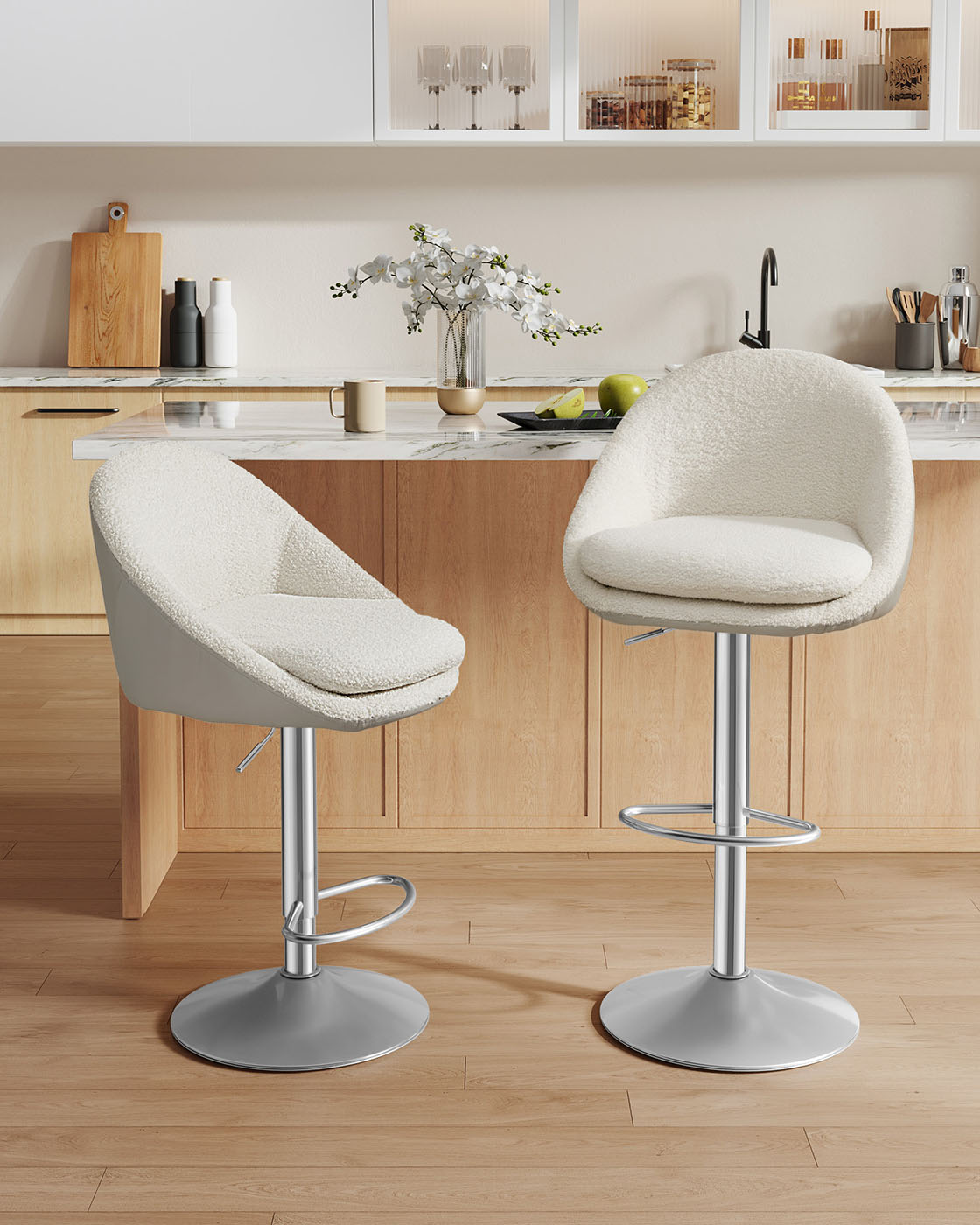 Bar stool set of 2 height-adjustable cream white-silver grey - Image 2