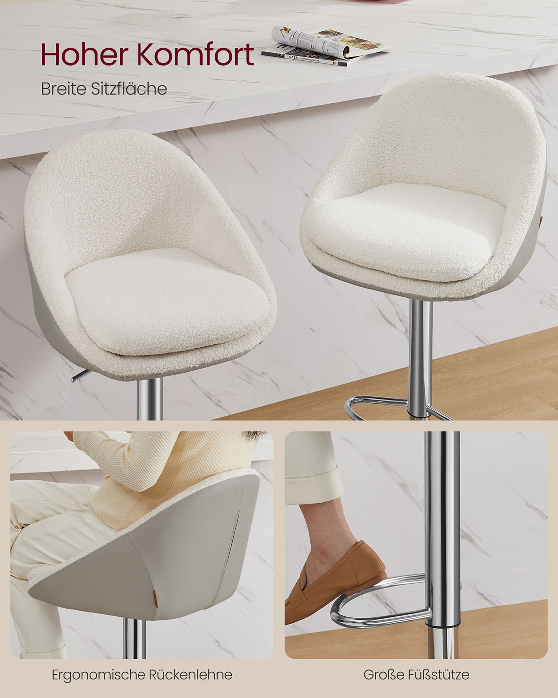 Bar stool set of 2 height-adjustable cream white-silver grey - Image 3