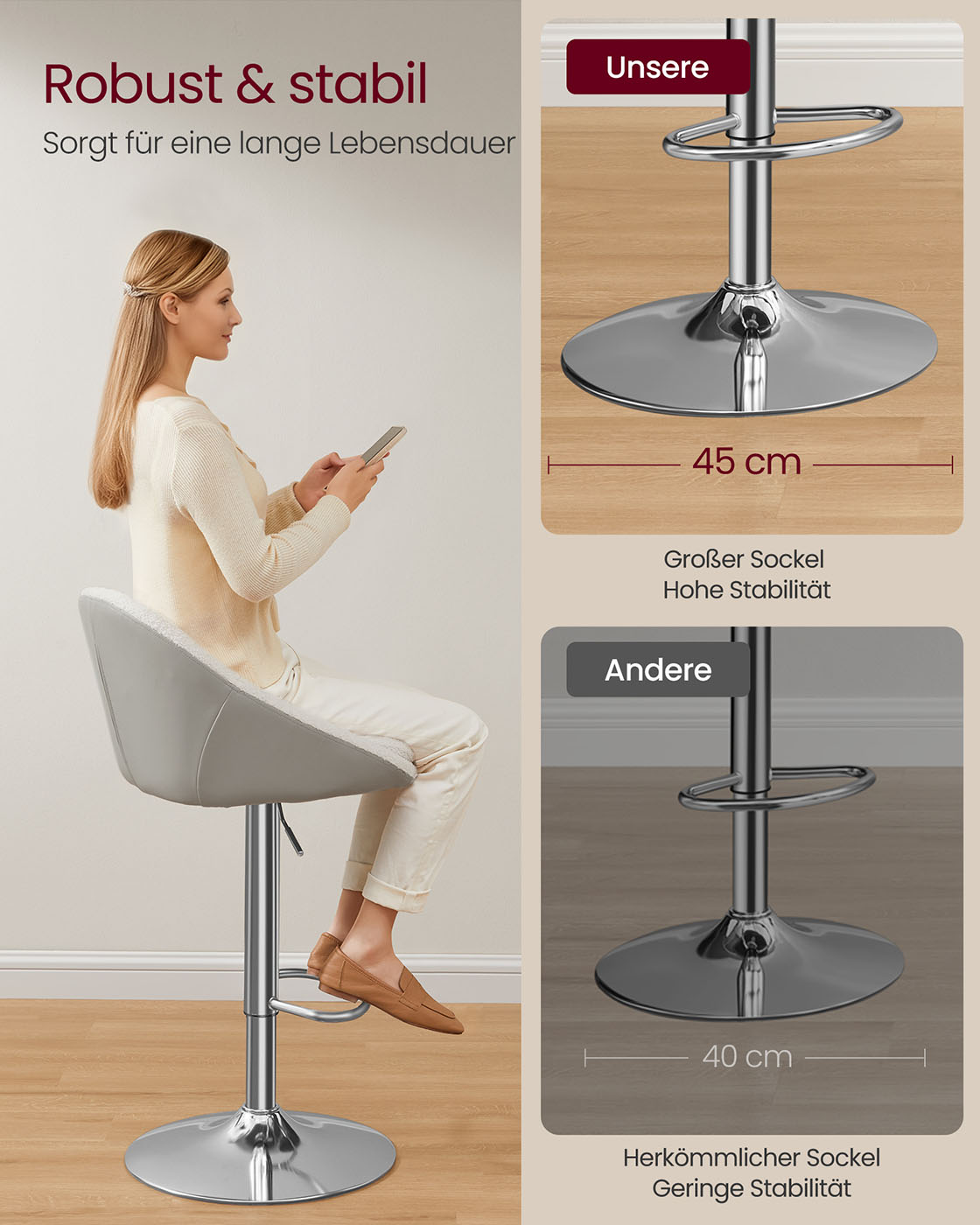Bar stool set of 2 height-adjustable cream white-silver grey - Image 4