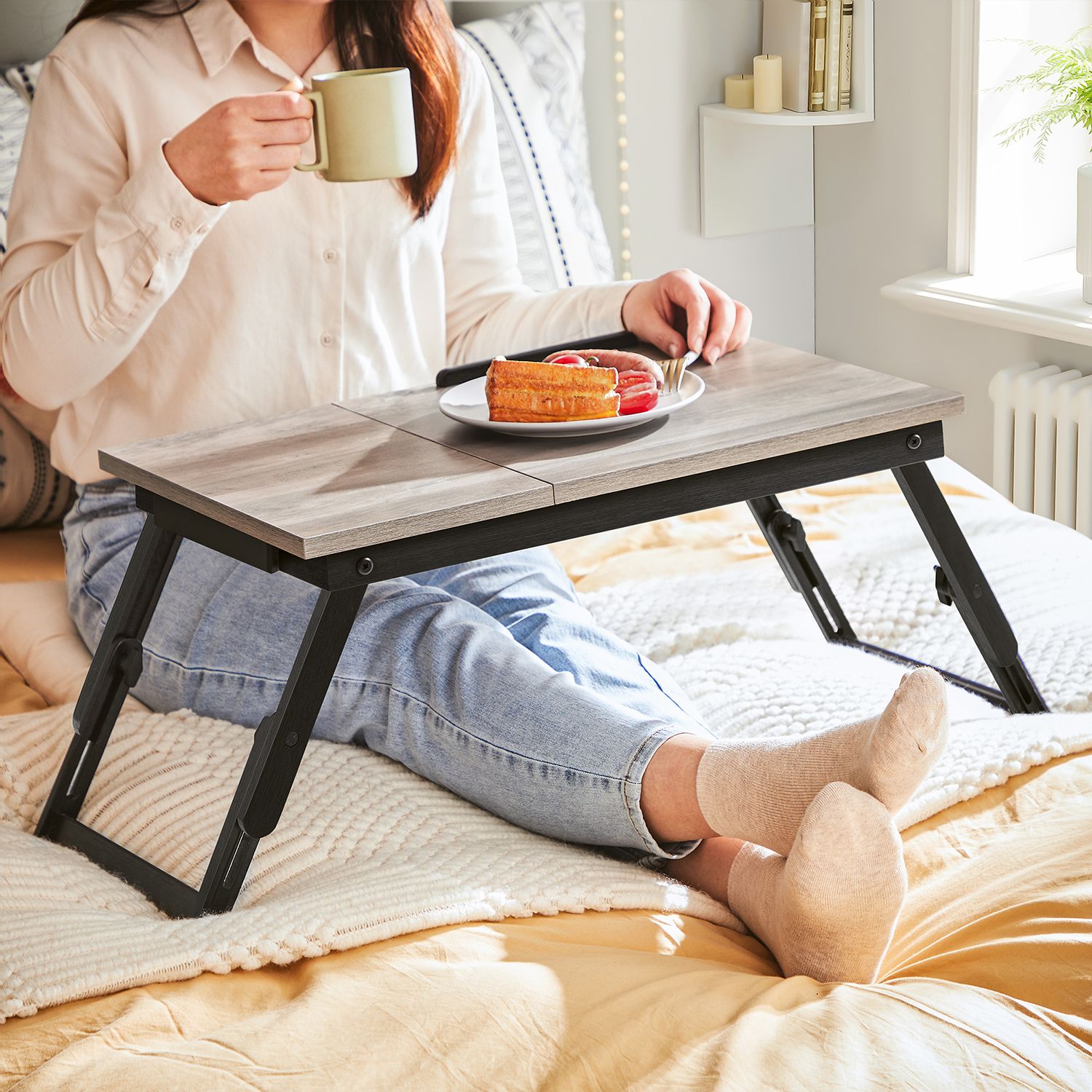 Breakfast tray folding legs height-adjustable greige - Image 3