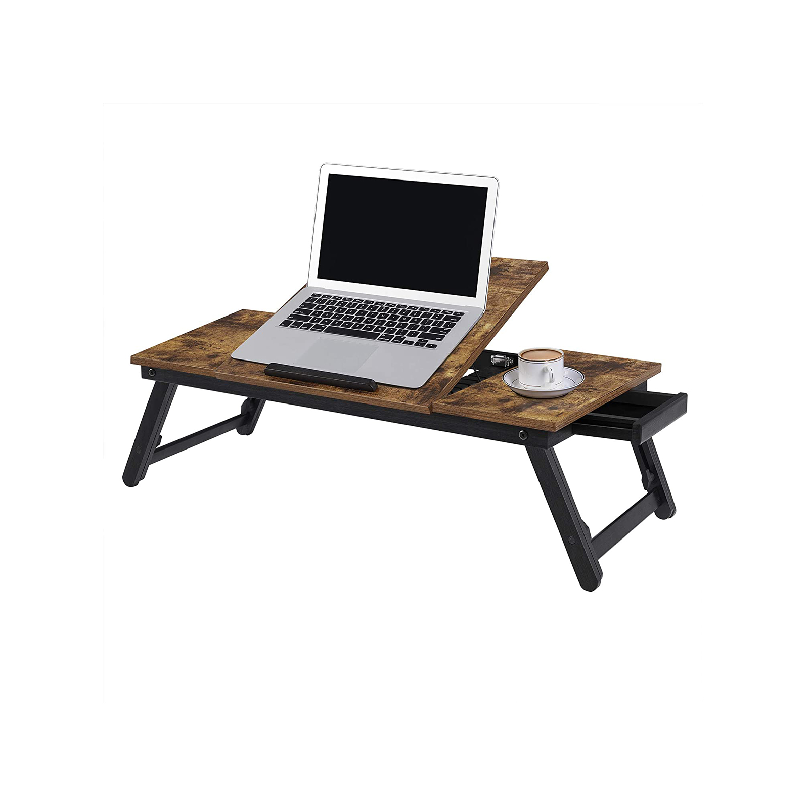 Laptopbord til seng eller sofa med justerbar vippebar top op til 14,3 tommer, højre-venstrehåndet morgenmadsbakke med højdejusterbare foldbare ben, skuffe, rustik mørkebrun - Billede 2