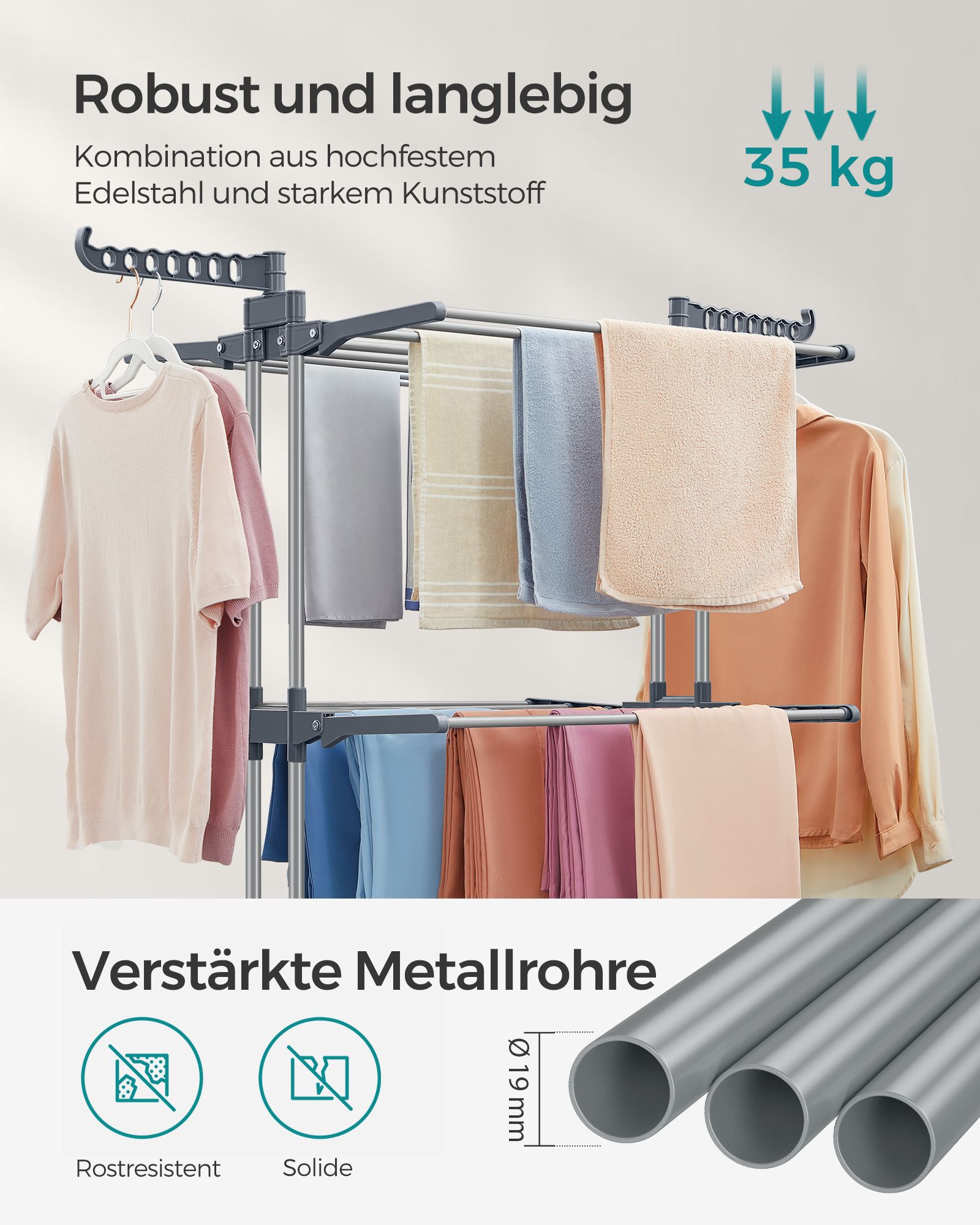 Sammenleggbar klesvasker med 4 etasjer og hjul 63,5 x 128 x 173 cm Stor, enkel montering, innendørs og utendørs, grå LLR701G01 - Bilde 4