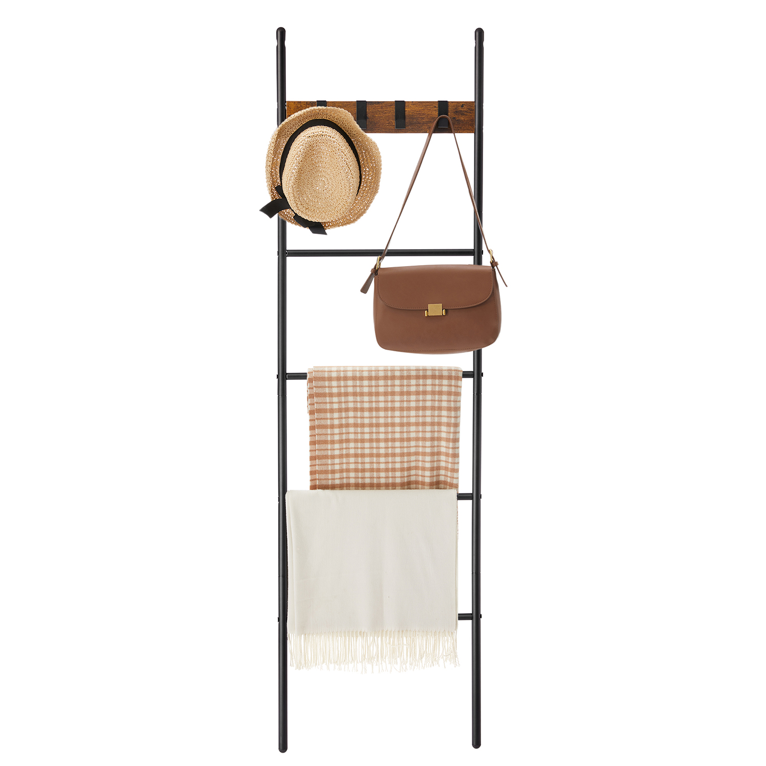Towel Ladder Shelf with 5 Levels 44 x 160 cm Space Saving Metal Frame 4 Hooks Industrial Style Vintage Brown/Black - Image 2