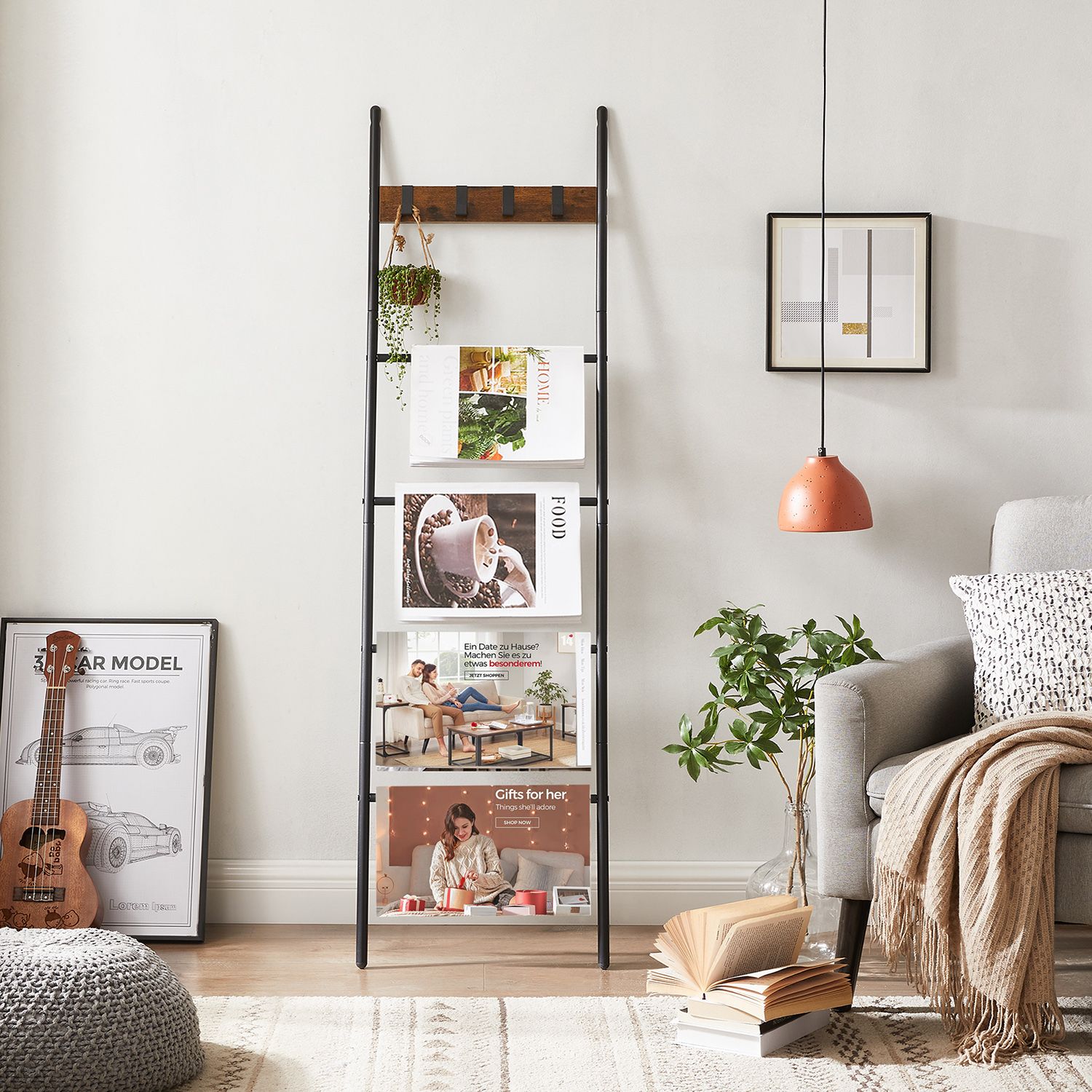 Towel Ladder Shelf with 5 Levels 44 x 160 cm Space Saving Metal Frame 4 Hooks Industrial Style Vintage Brown/Black - Image 5