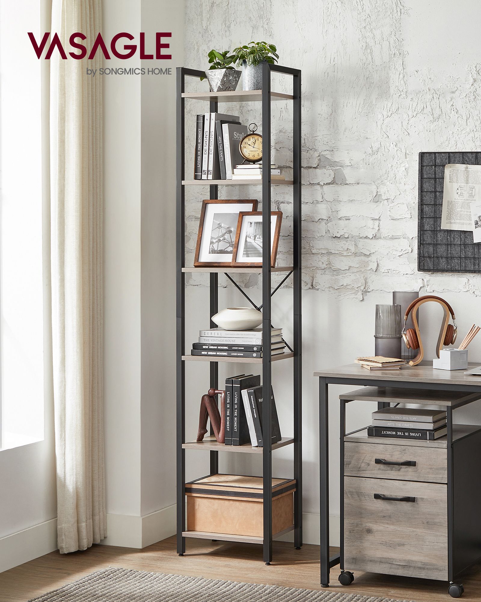 Bookcase with 6 levels open shelves greige-black - Image 2