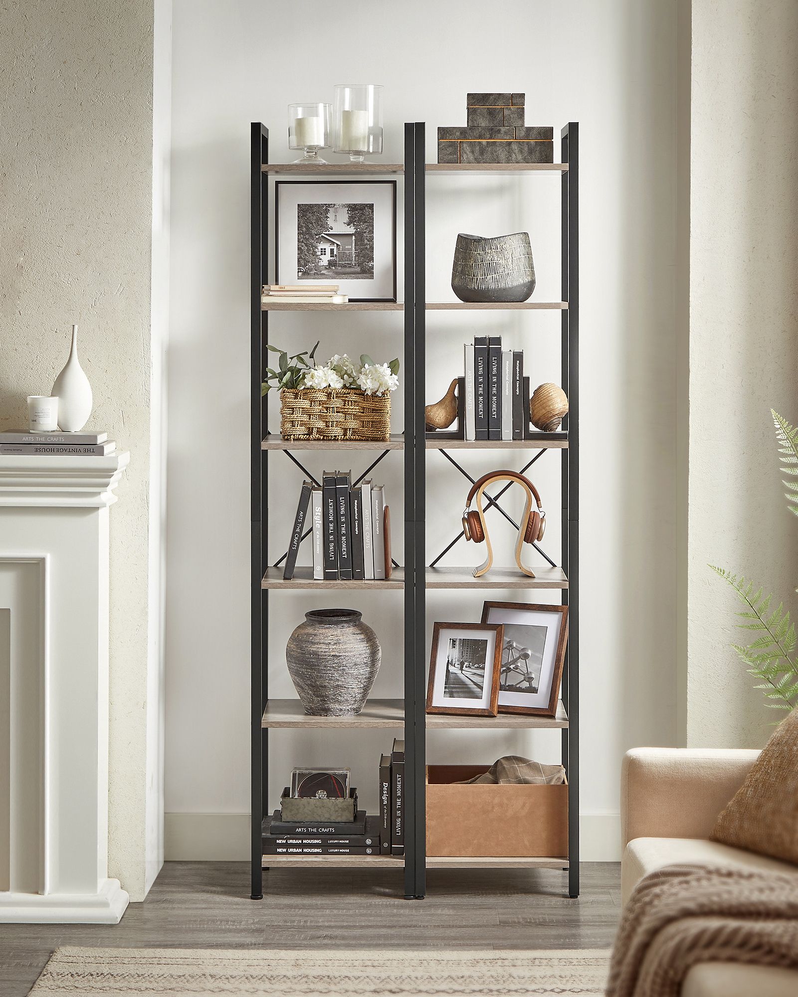Bookcase with 6 levels open shelves greige-black - Image 3