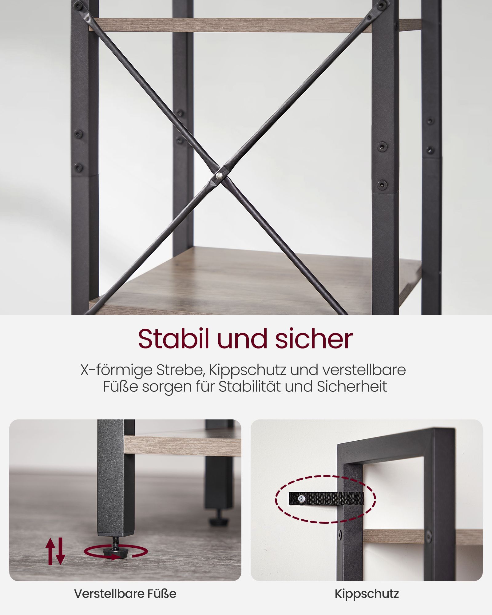 Bookcase with 6 levels open shelves greige-black - Image 5