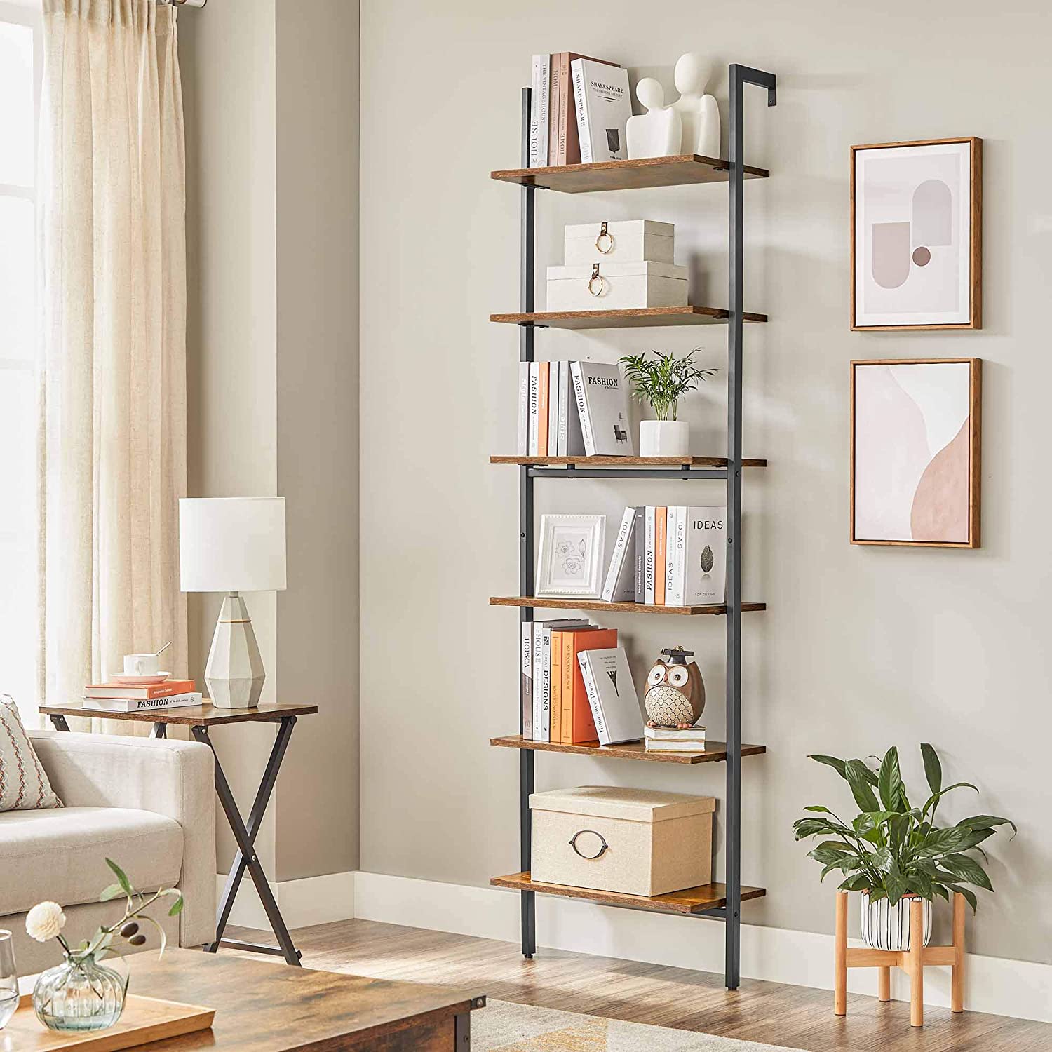 Ladder Shelf, 6-Tier Bookshelf, Wall Shelf for Living Room, Office, Kitchen, Bedroom, 60 x 30 x 204.8 cm, Industrial, Rustic Brown and Black LLS103B01 - Image 2