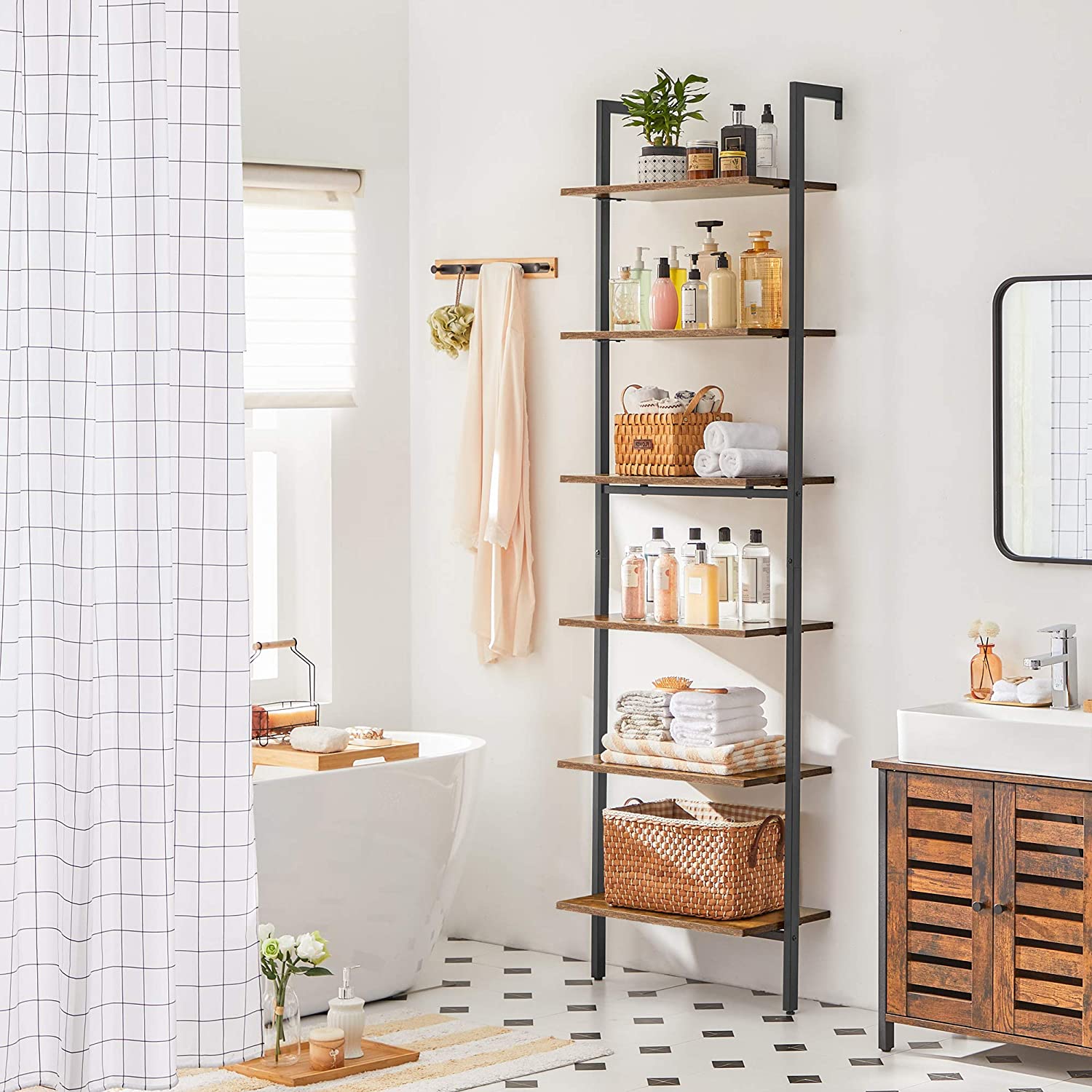 Ladder Shelf, 6-Tier Bookshelf, Wall Shelf for Living Room, Office, Kitchen, Bedroom, 60 x 30 x 204.8 cm, Industrial, Rustic Brown and Black LLS103B01 - Image 3