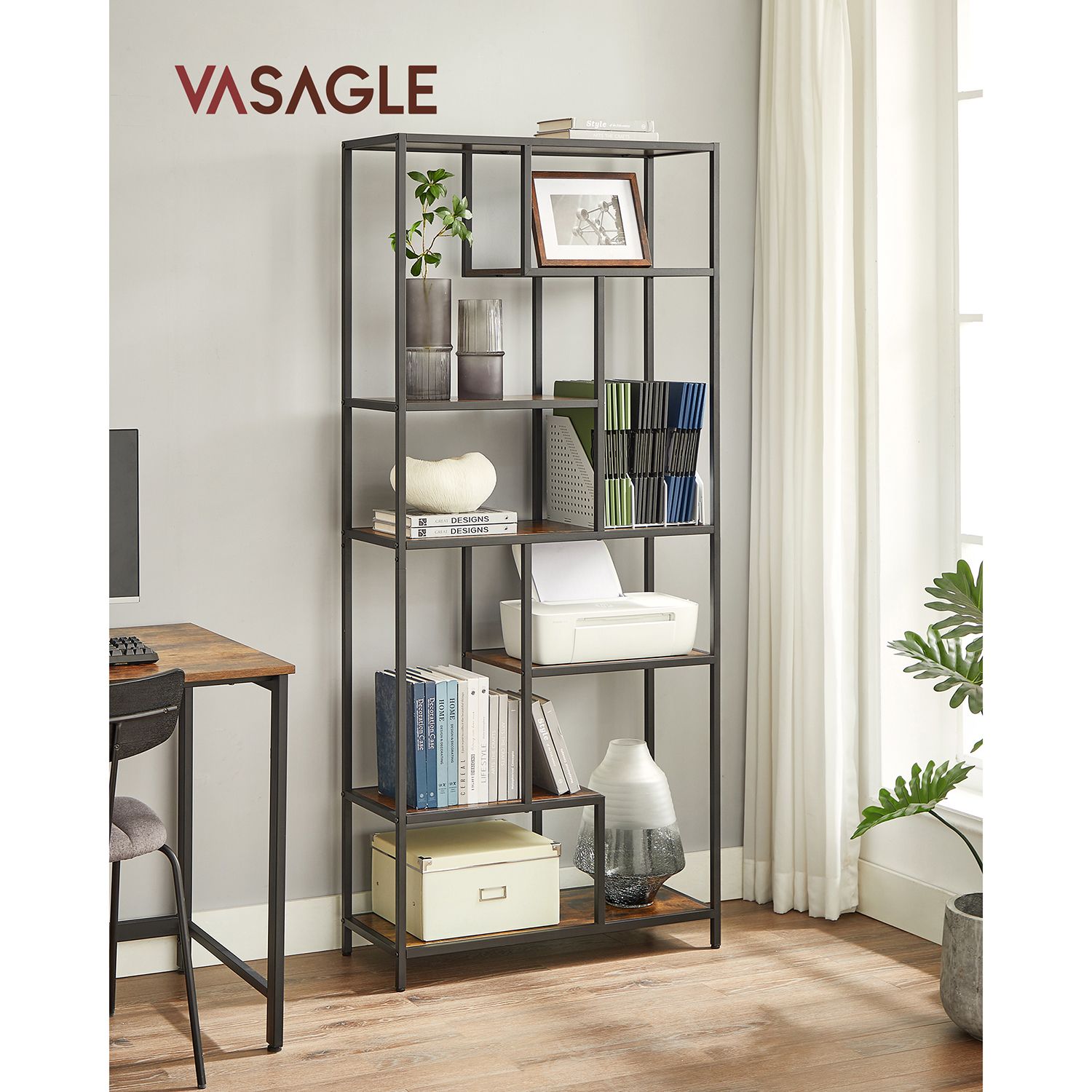 Bookshelf, 6-Tier Bookcase, Geometric Display Shelf, Standing Storage Shelf, 30 x 80 x 180 cm, for Study, Office, Living Room, Bedroom, Kitchen, Rustic Brown and Black LLS119B01 - Image 2