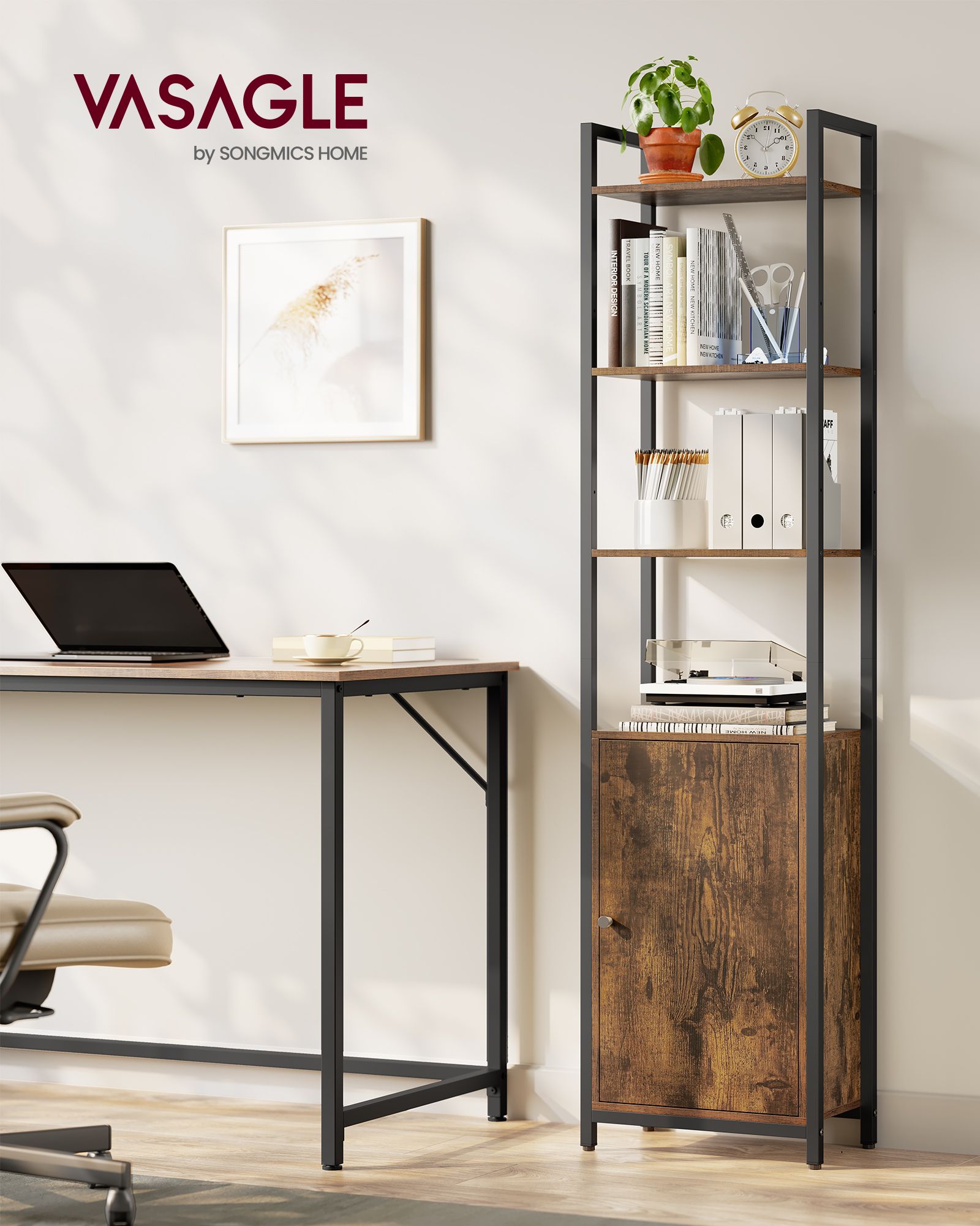 6-Tier Bookcase, Tall Bookshelf with Door, Metal Frame, Adjustable Shelves, 24 x 40 x 159.5 cm, Living Room Bedroom, Rustic Brown and Ink Black - Image 2