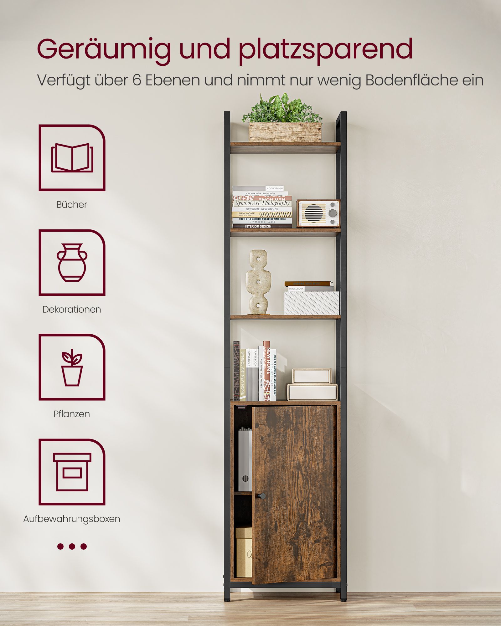 6-Tier Bookcase, Tall Bookshelf with Door, Metal Frame, Adjustable Shelves, 24 x 40 x 159.5 cm, Living Room Bedroom, Rustic Brown and Ink Black - Image 3