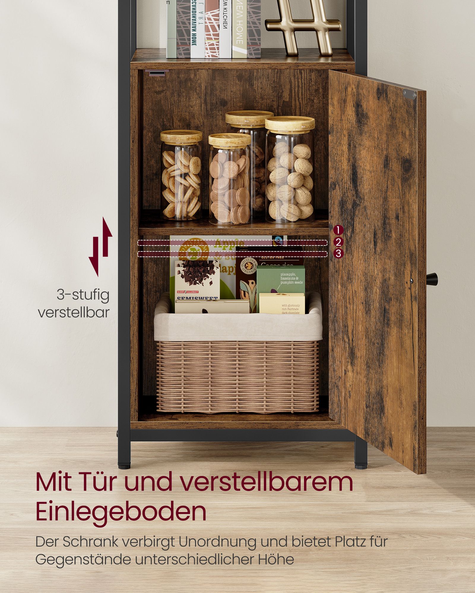 6-Tier Bookcase, Tall Bookshelf with Door, Metal Frame, Adjustable Shelves, 24 x 40 x 159.5 cm, Living Room Bedroom, Rustic Brown and Ink Black - Image 4