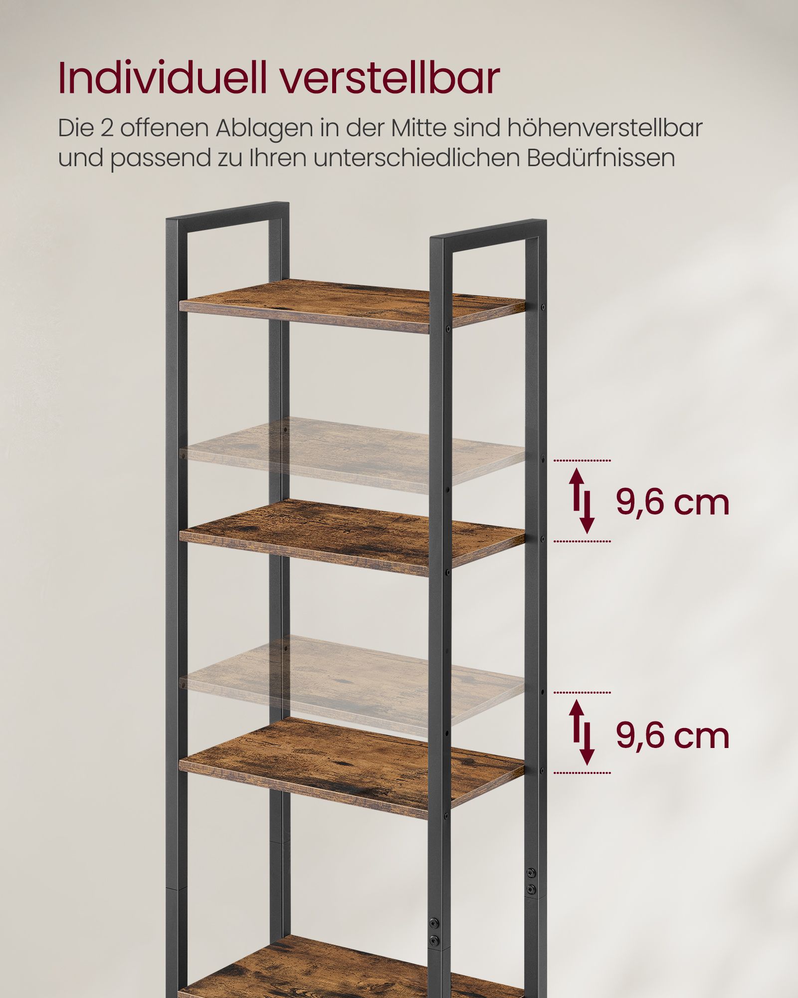 6-Tier Bookcase, Tall Bookshelf with Door, Metal Frame, Adjustable Shelves, 24 x 40 x 159.5 cm, Living Room Bedroom, Rustic Brown and Ink Black - Image 5