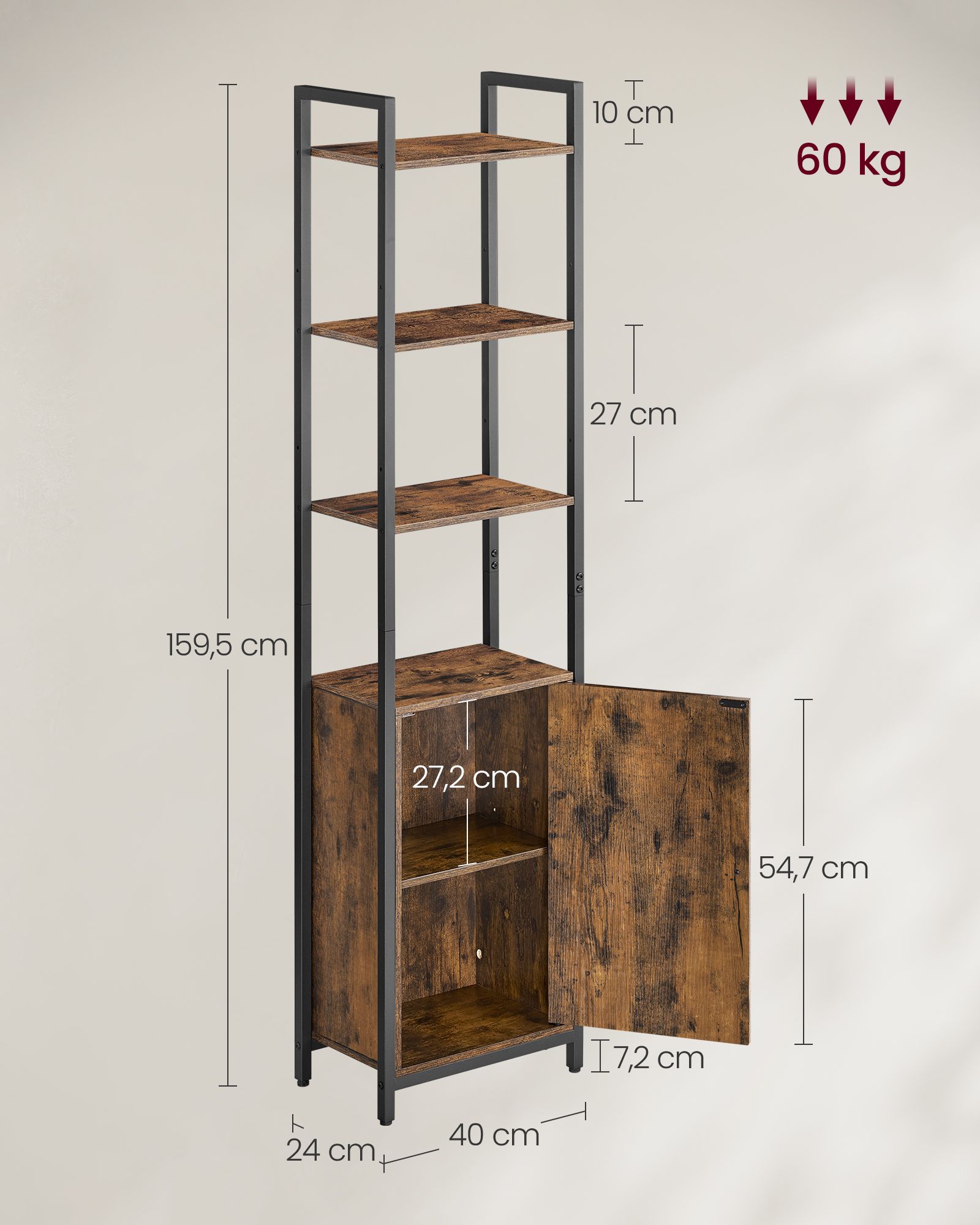 6-Tier Bookcase, Tall Bookshelf with Door, Metal Frame, Adjustable Shelves, 24 x 40 x 159.5 cm, Living Room Bedroom, Rustic Brown and Ink Black - Image 6