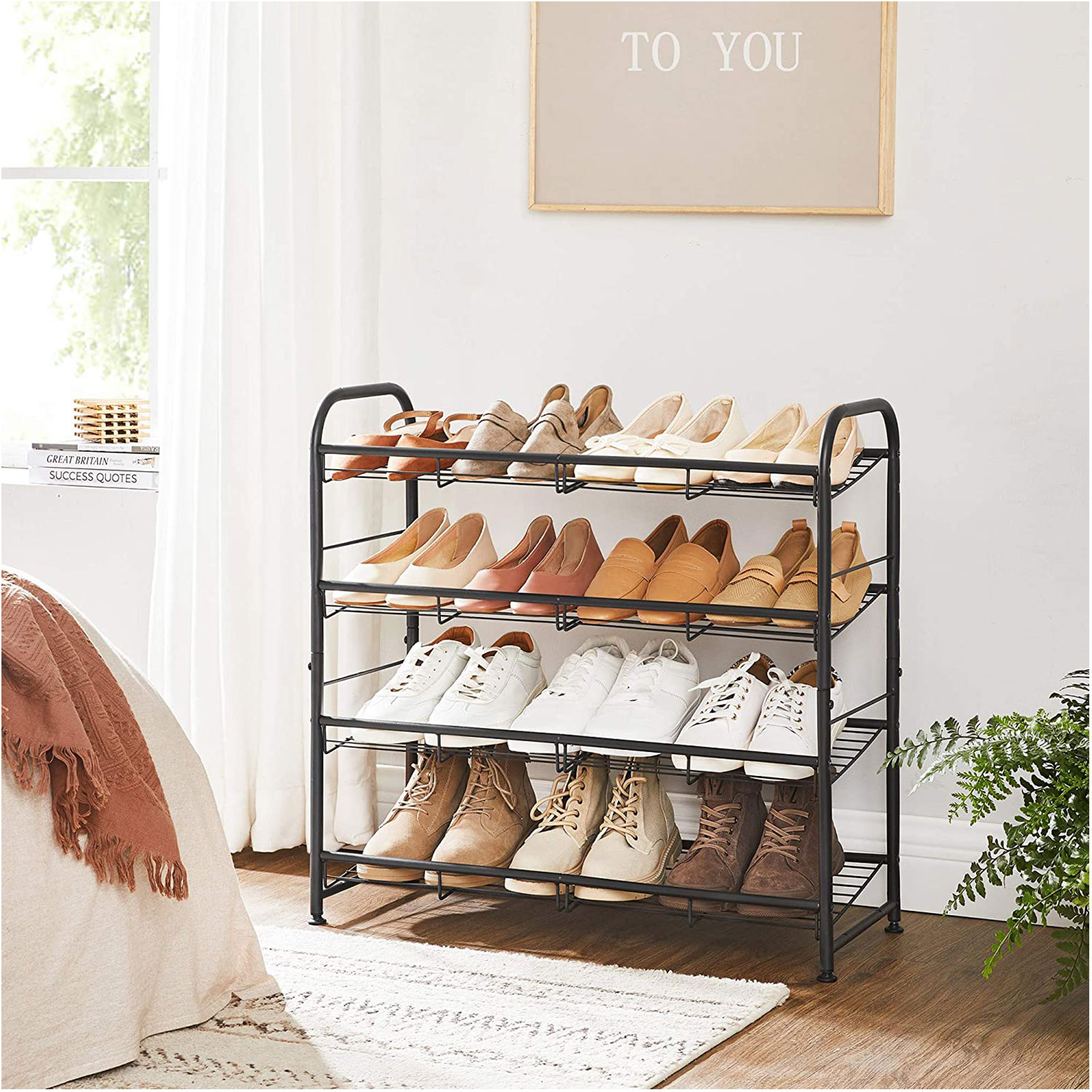 4-Tier Shoe Rack, Stackable Shoe Storage Organiser, Hold up to 16 Pairs, Steel, 68.5 x 27.5 x 65 cm, for High Heels, Trainers, Slippers, in the Entryway, Black - Image 2